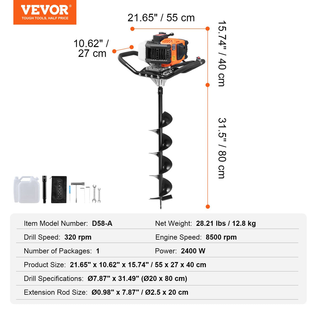 Benzininis žemės grąžtas VEVOR D58-A, 2400 W