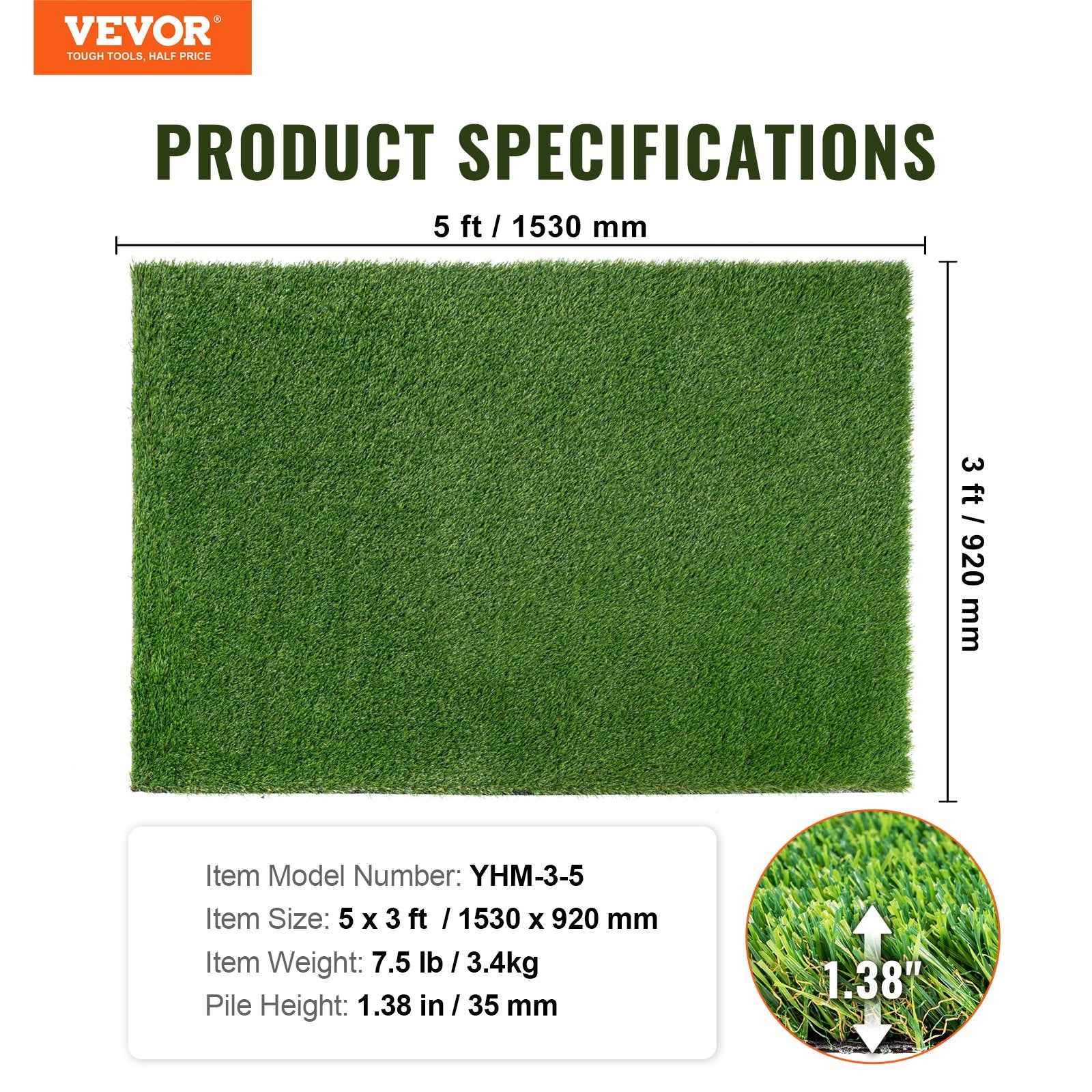 Dirbtinė žolė VEVOR YHM-3-5, 0,9 x 1,5 m