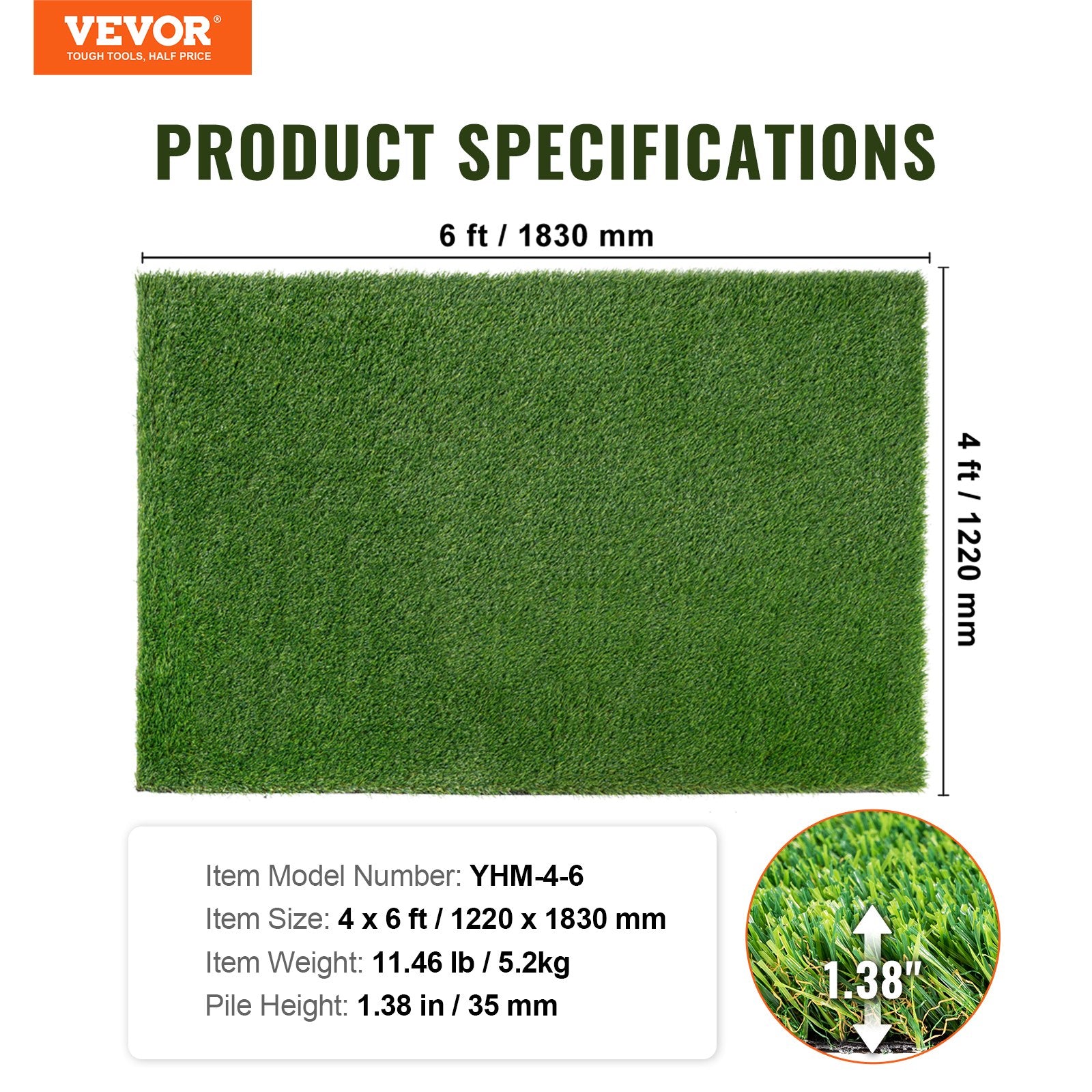 Dirbtinė žolė VEVOR YHM-4-6, 1,2 x 1,8 m