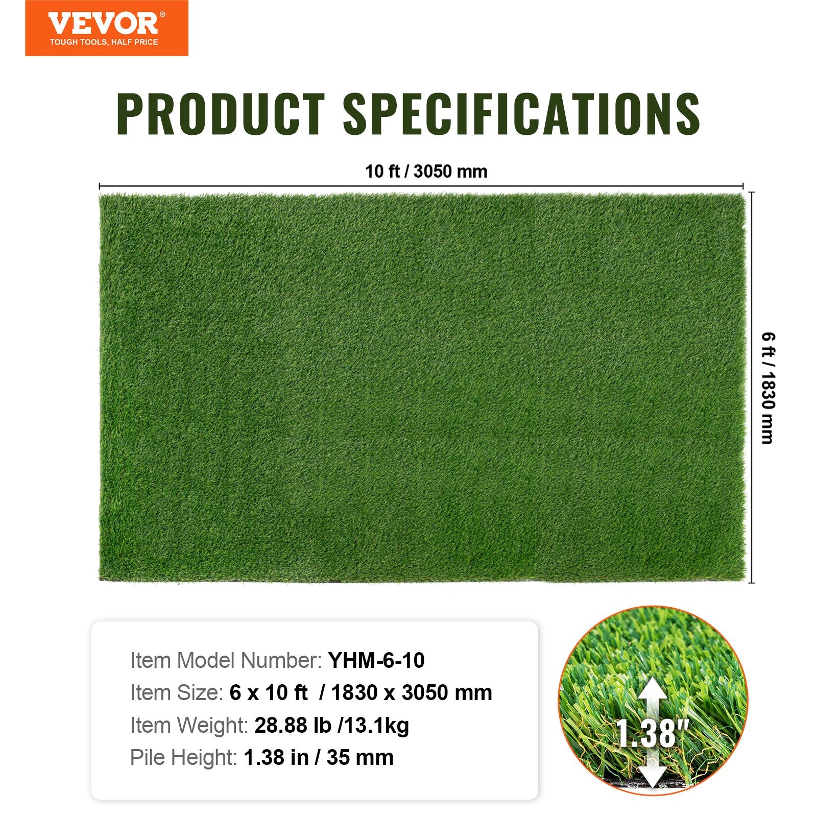 Dirbtinė žolė VEVOR YHM-6-10, 1,8 x 3 m, 35 mm aukščio