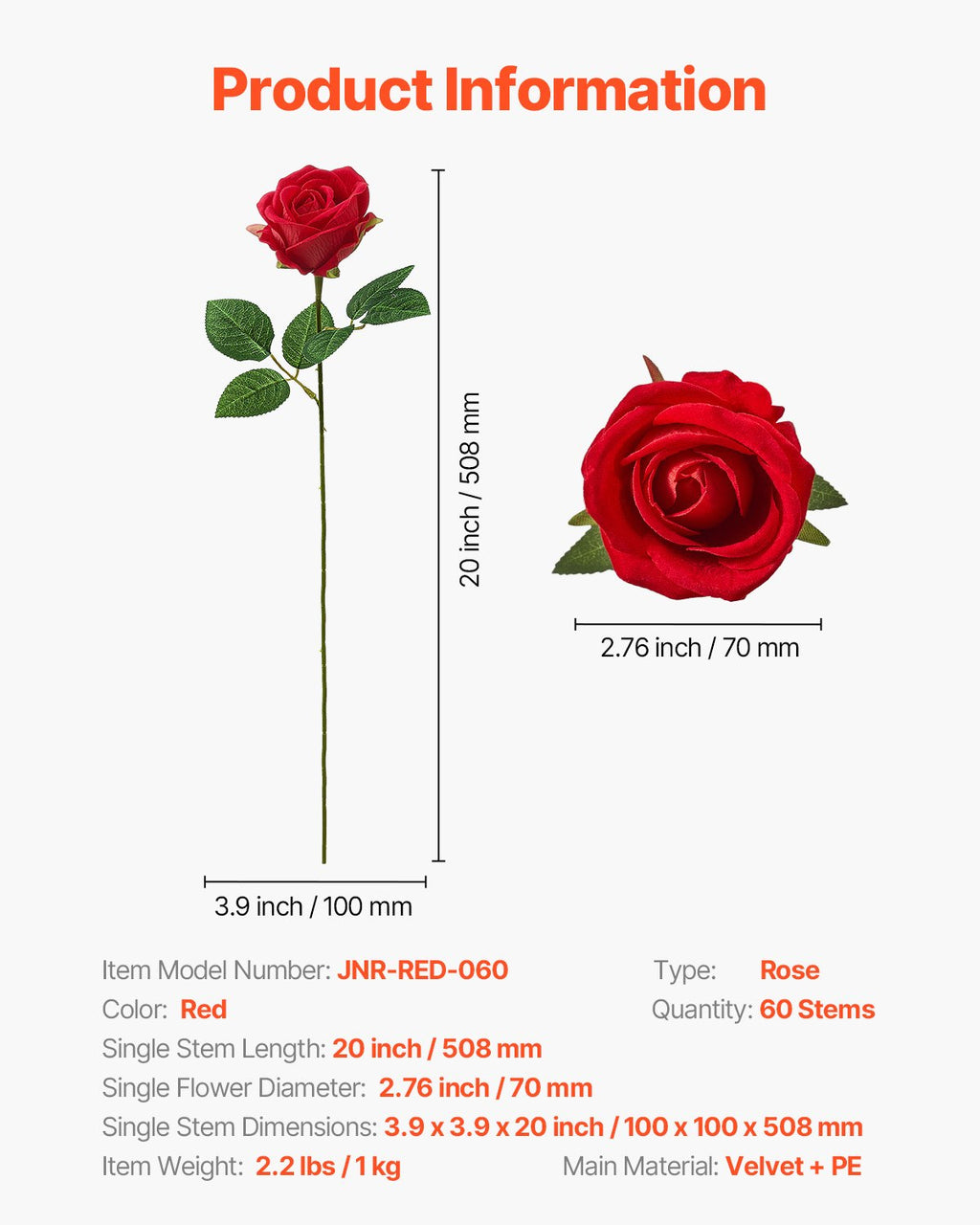 Dirbtinės rožės VEVOR JNR-RED-060, 60 vnt.