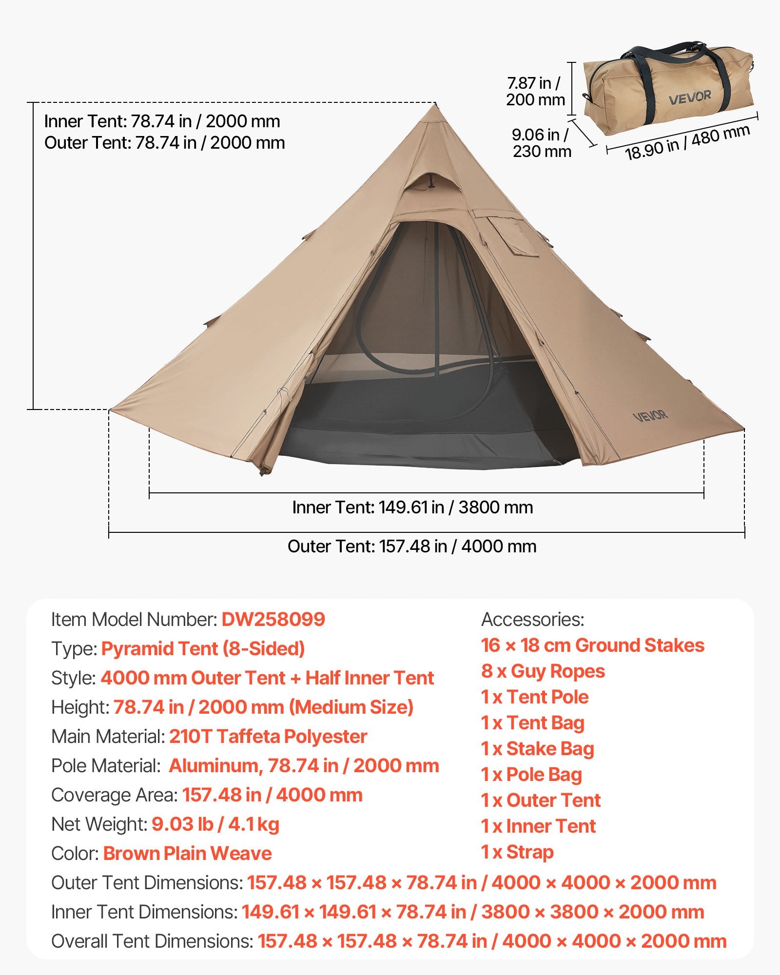 Keturvietė žieminė palapinė VEVOR DW258099, su anga kaminui