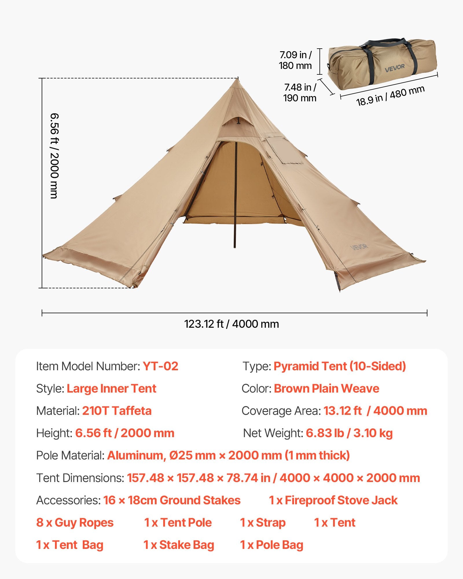 Keturvietė žieminė palapinė (tipis) VEVOR YT-02, su anga kaminui