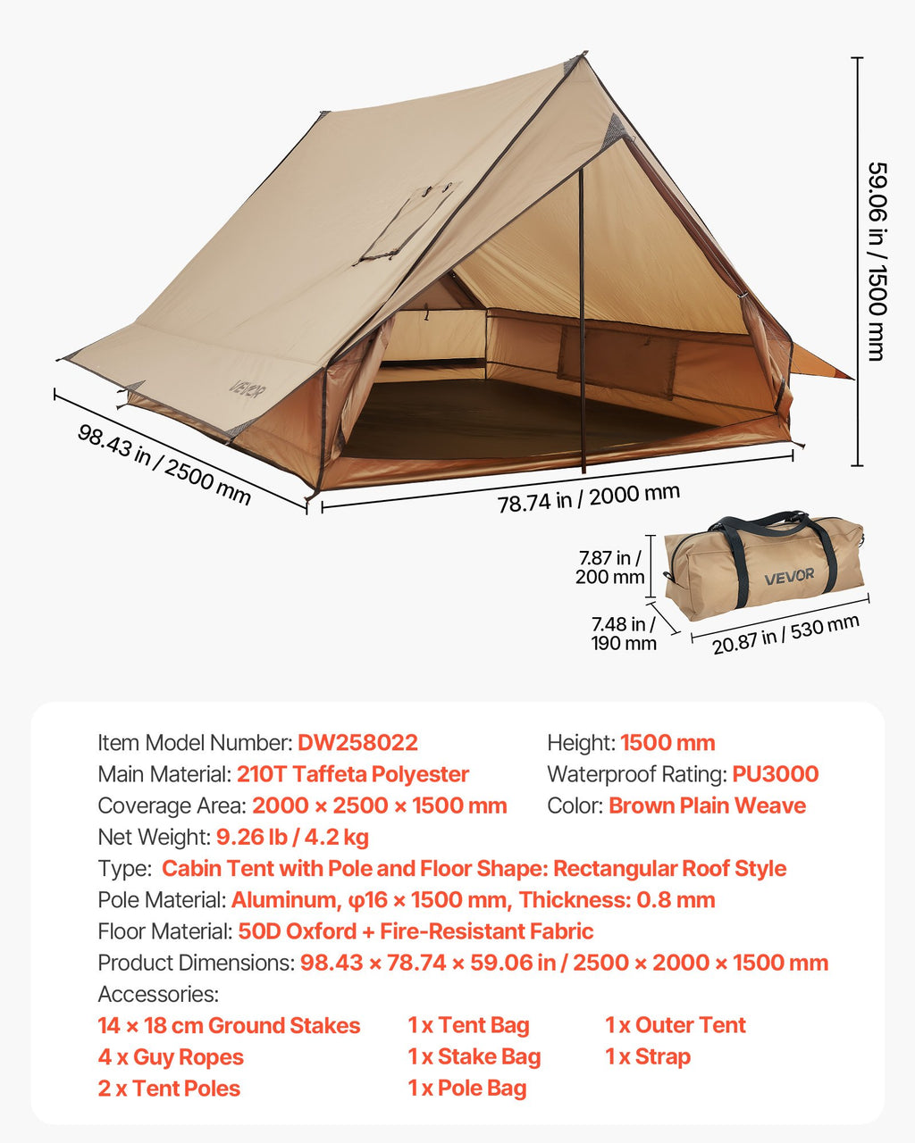Žieminė palapinė su anga kaminui VEVOR DW258022, 2 asmenims