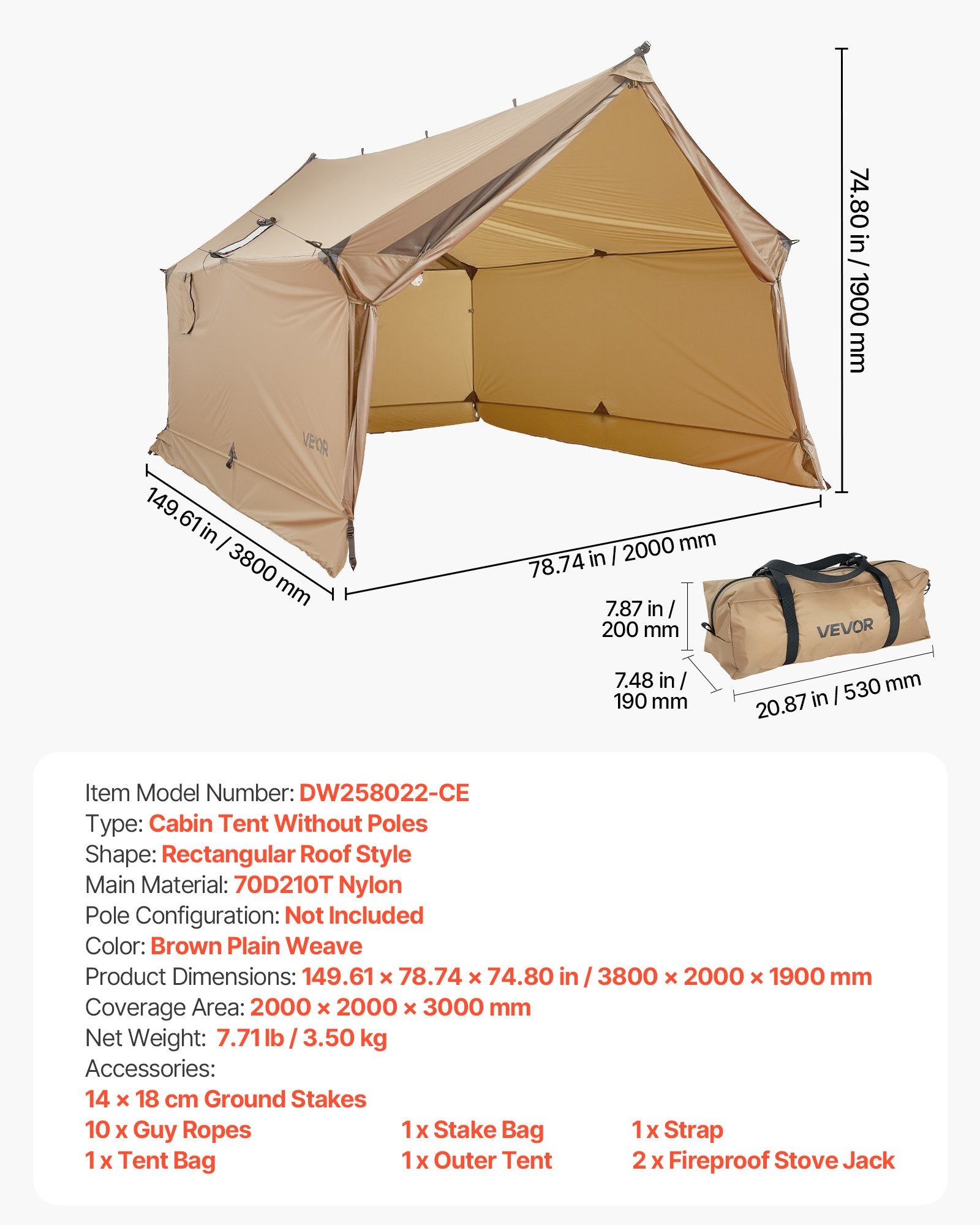 Ketursezonė palapinė VEVOR DW258022-CE, su anga kaminui