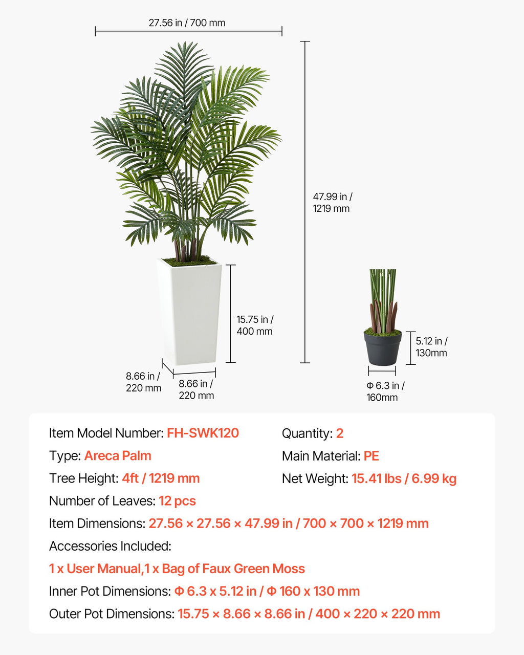 Dirbtinė areka (palmė) VEVOR FH-SWK120, 121,9 cm, 2 vnt.