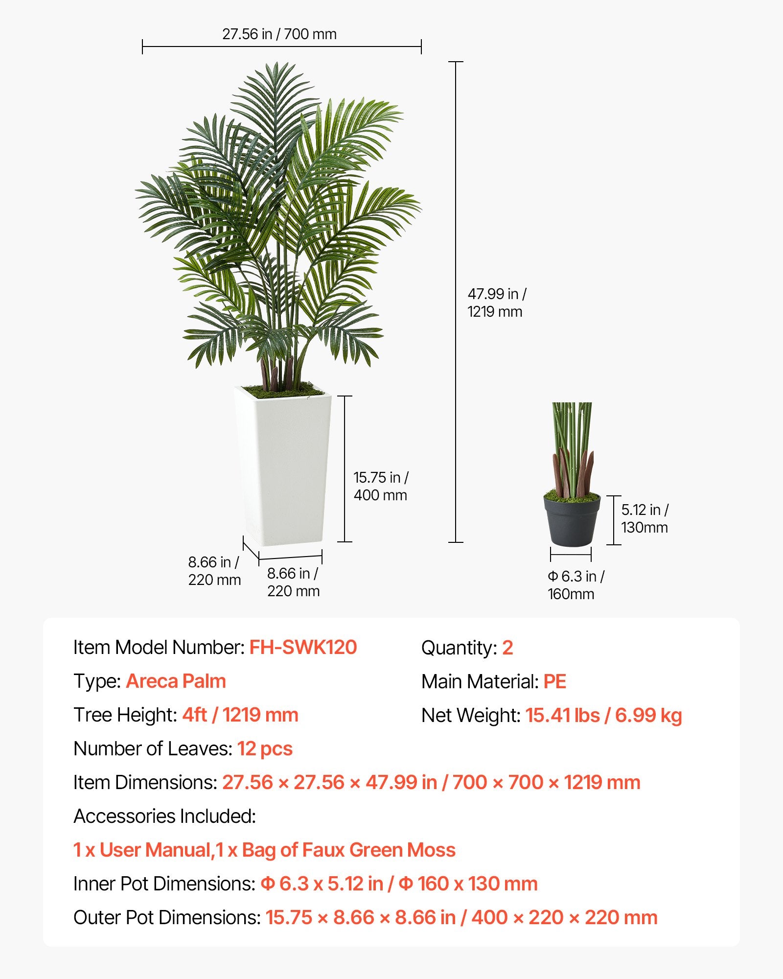 Dirbtinė areka (palmė) VEVOR FH-SWK120, 121,9 cm, 2 vnt.