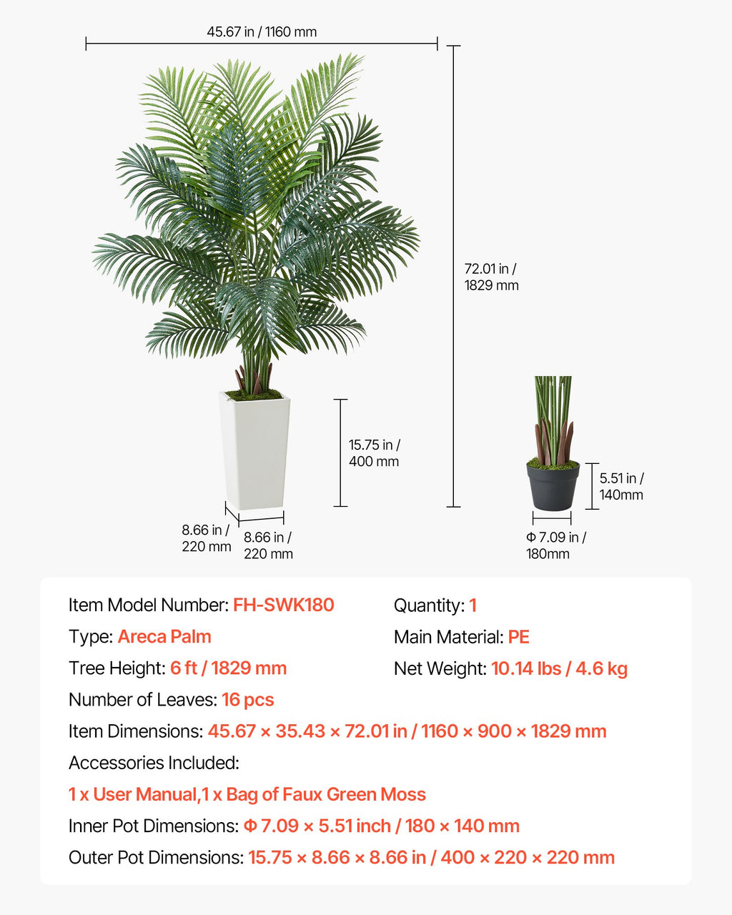 Dirbtinė areka palmė VEVOR FH-SWK180, 182,9 cm