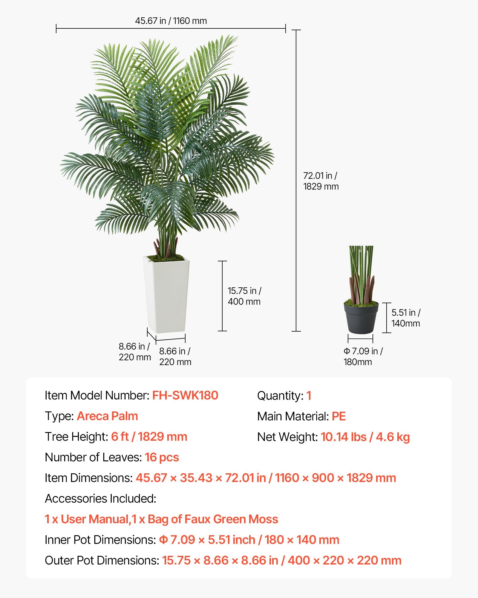 Dirbtinė areka palmė VEVOR FH-SWK180, 182,9 cm