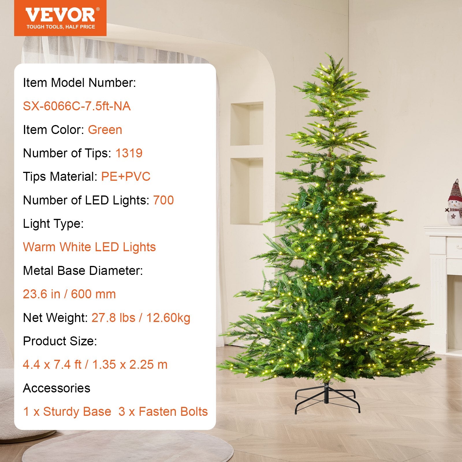Kalėdų eglutė VEVOR SX-6066C-7.5ft-NA, 225 cm aukščio