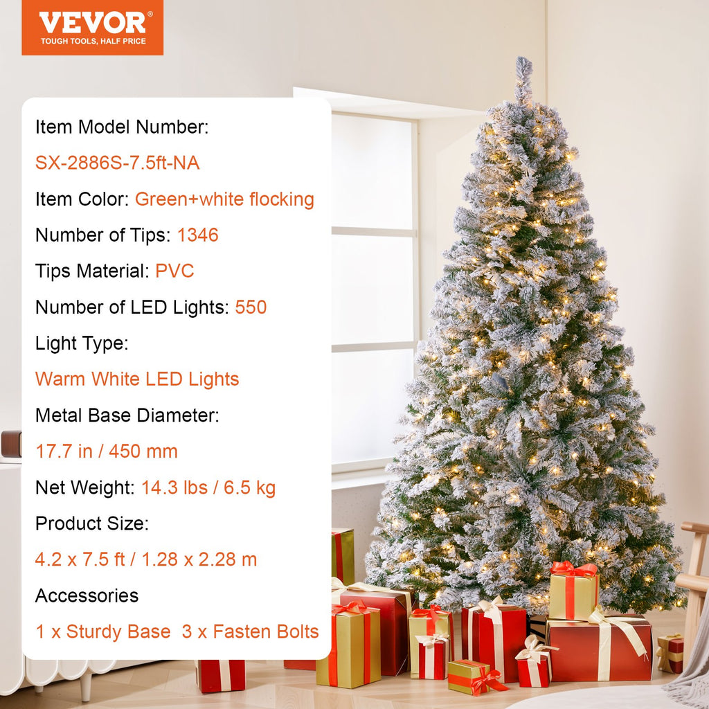 Dirbtinė Kalėdų eglė VEVOR SX-2886S-7.5ft-NA, 228 cm aukščio su LED apšvietimu