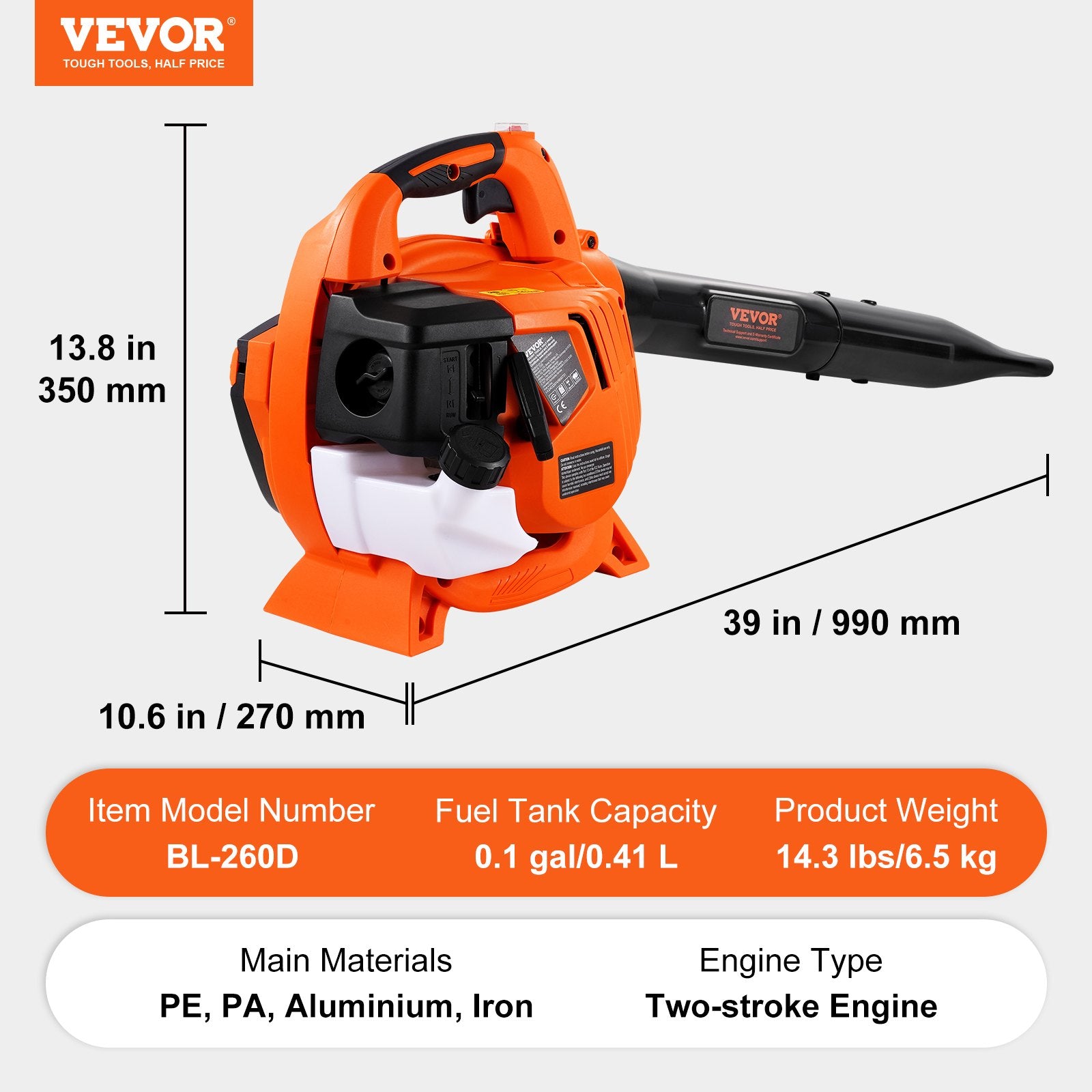 Benzininis lapų pūstuvas-siurblys VEVOR BL-260D, 26 cm³