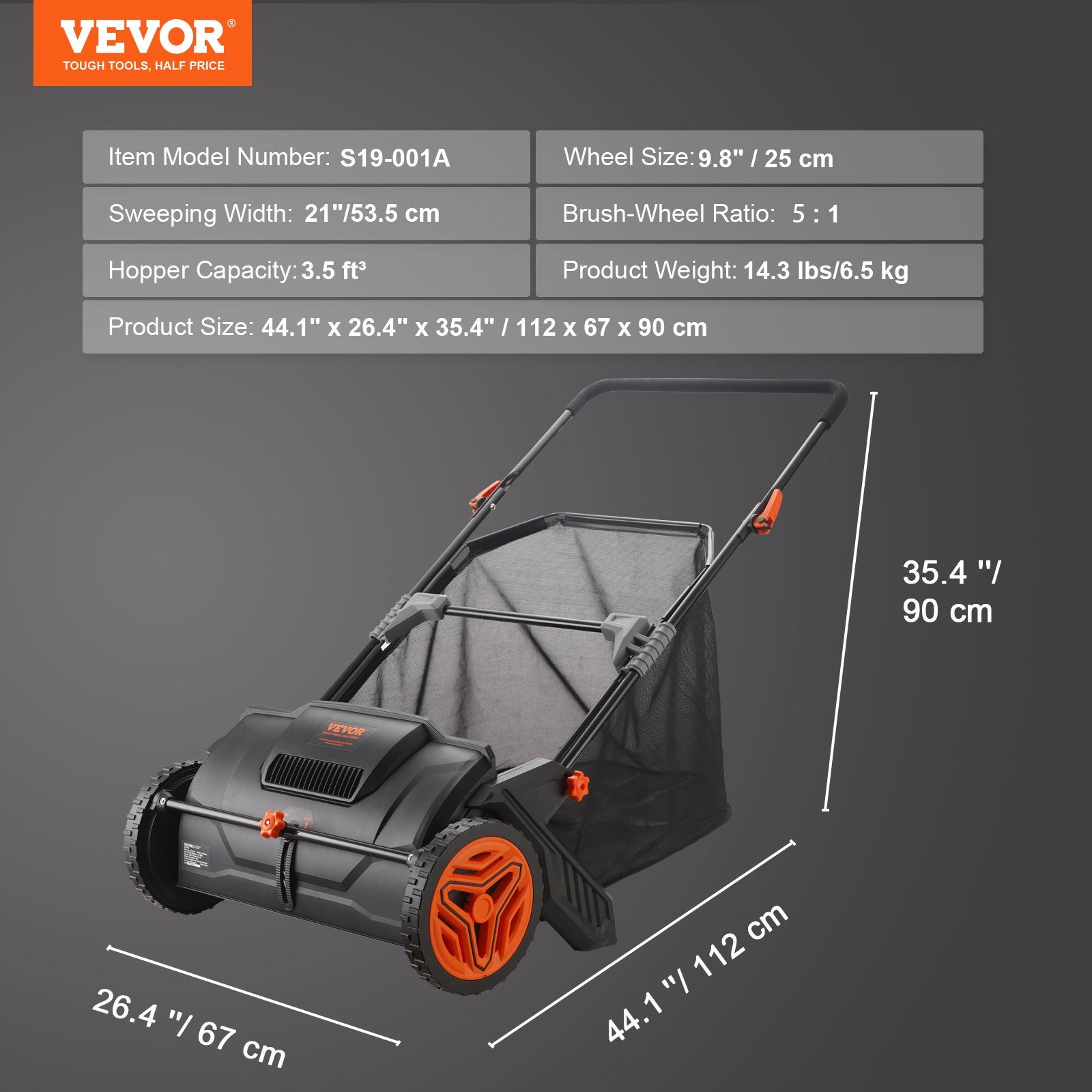 Mechaninė vejos šluota VEVOR S19-001A, 53,5 cm darbinis plotis