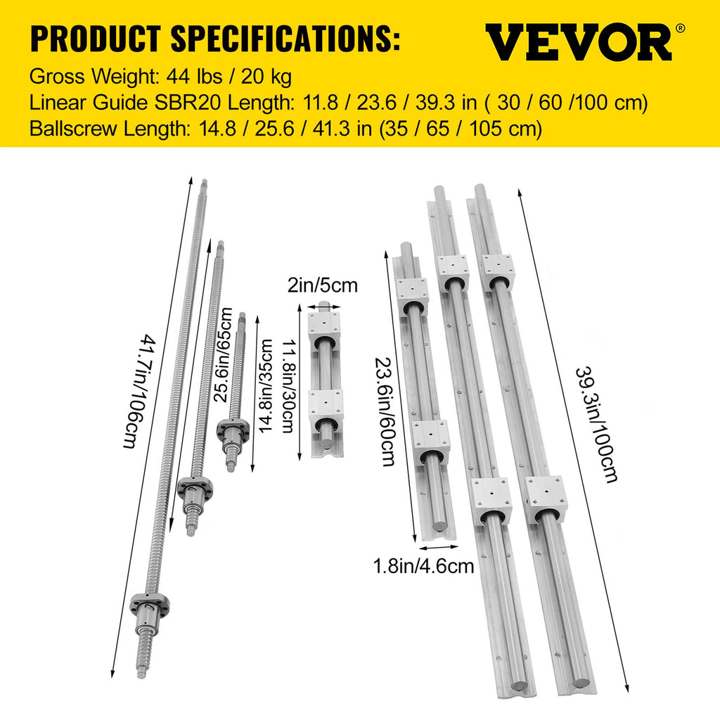 Linijinių kreipiančiųjų ir rutulinių sraigtų rinkinys VEVOR SBR20 RM1605, 350/650/1050 mm