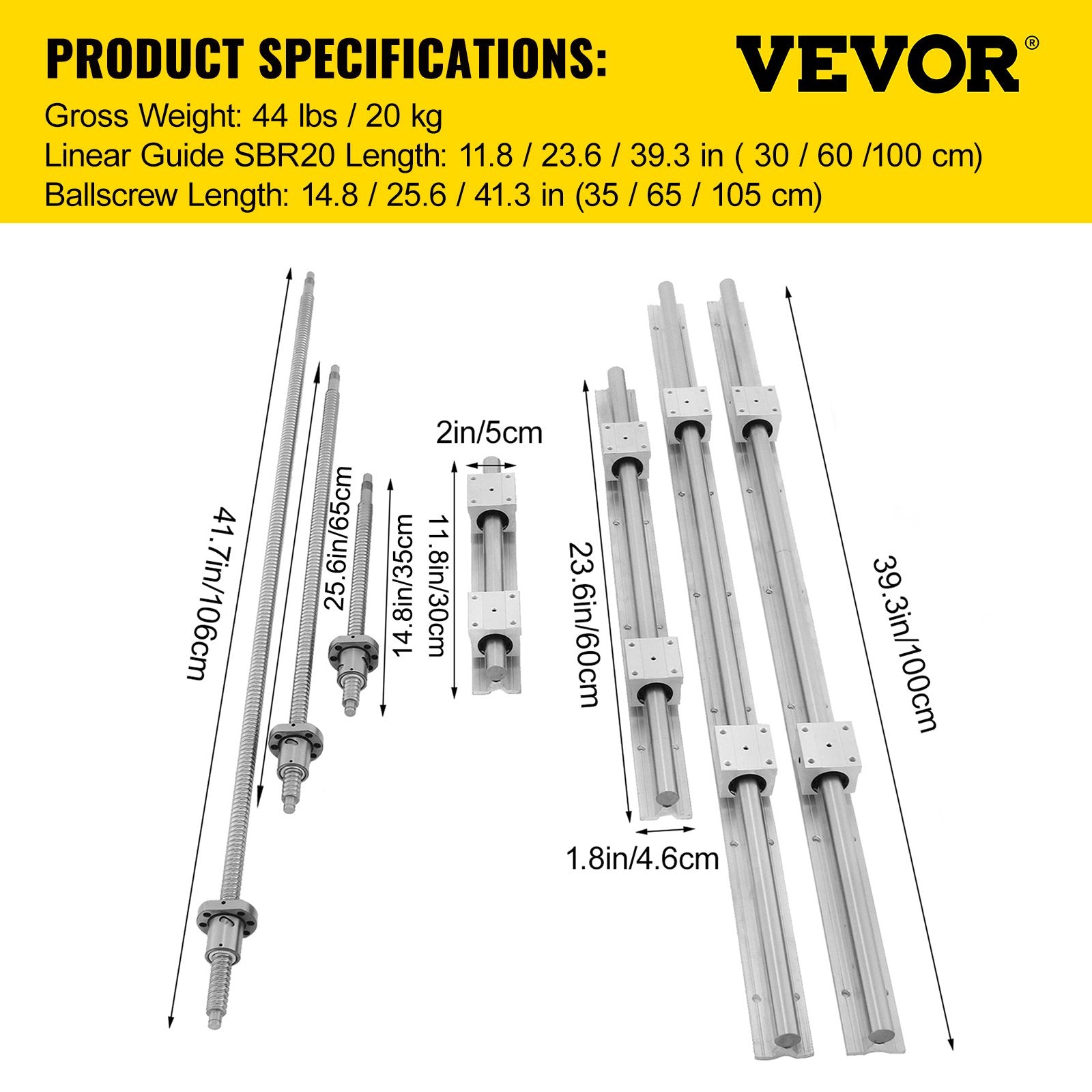 Linijinių kreipiančiųjų ir rutulinių sraigtų rinkinys VEVOR SBR20 RM1605, 350/650/1050 mm