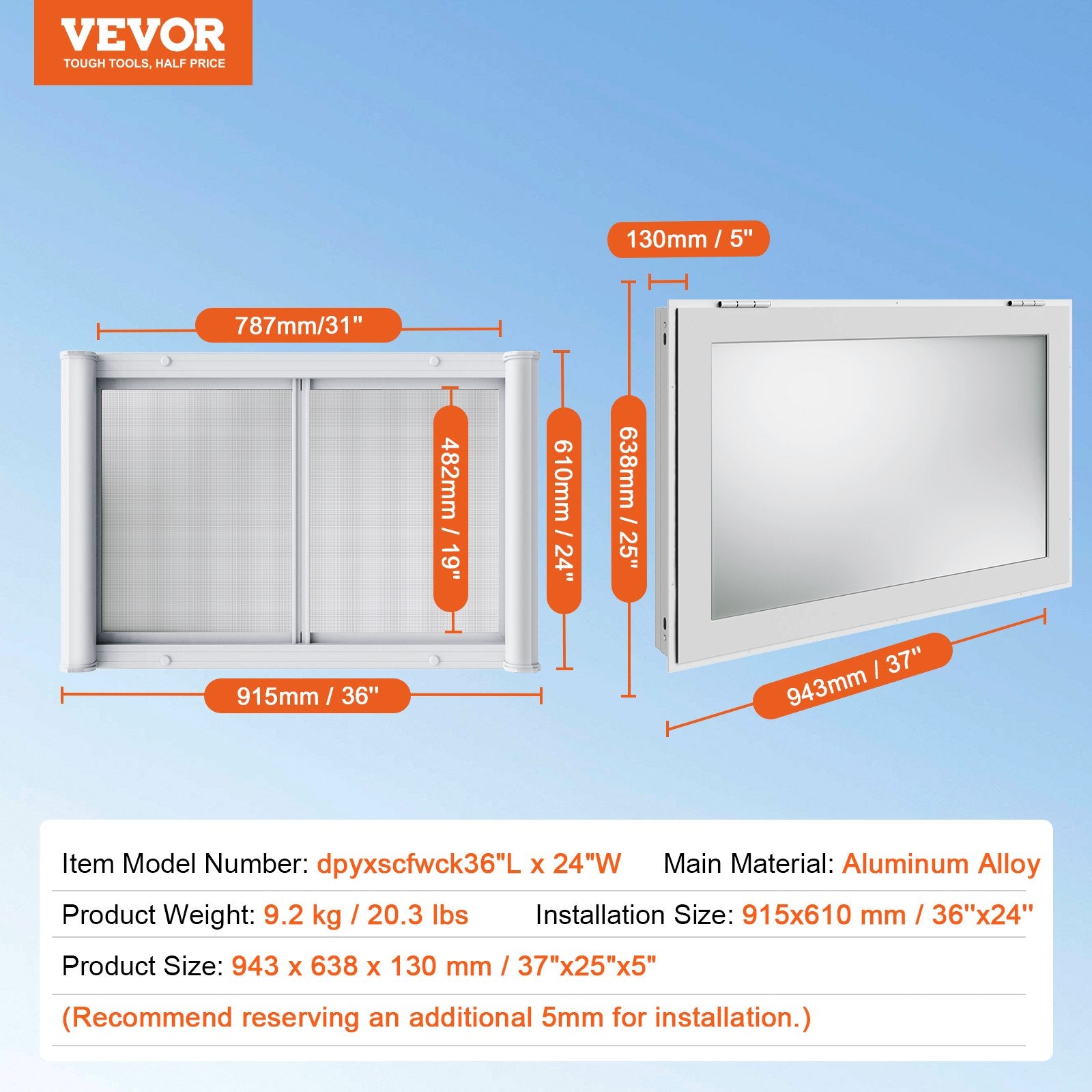 Prekybinis langas VEVOR dpyxscfwck36*24W, 915 x 610 mm