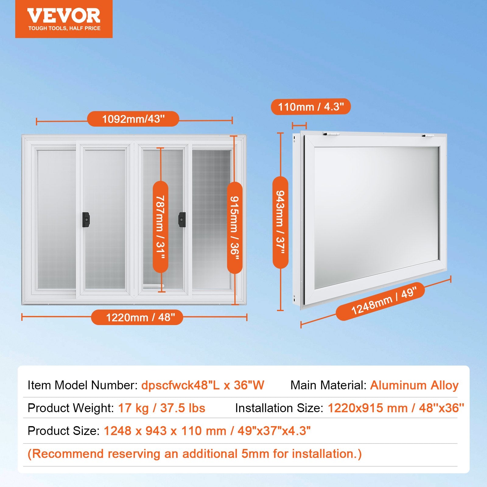 Prekybinis langas VEVOR dpscfwck48L*36W, 1220x915 mm