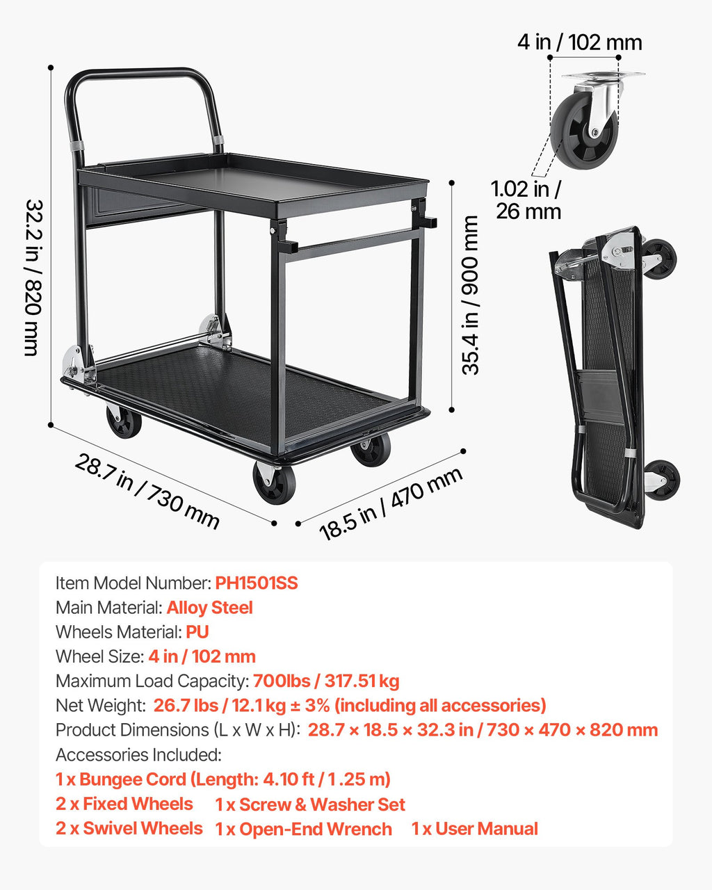 Sulankstomas platforminis vežimėlis VEVOR PH1501SS, 317,5 kg keliamoji galia