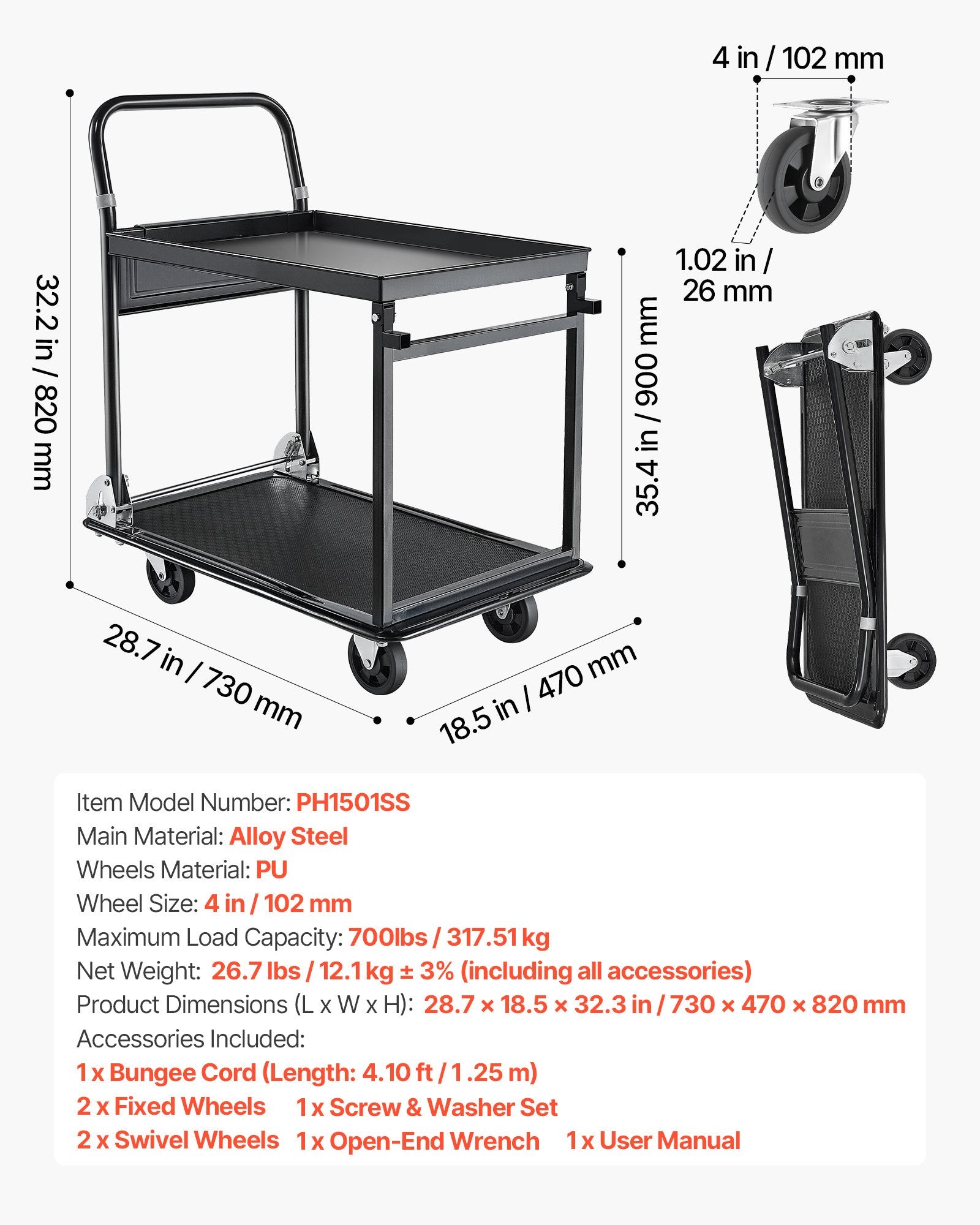 Sulankstomas platforminis vežimėlis VEVOR PH1501SS, 317,5 kg keliamoji galia