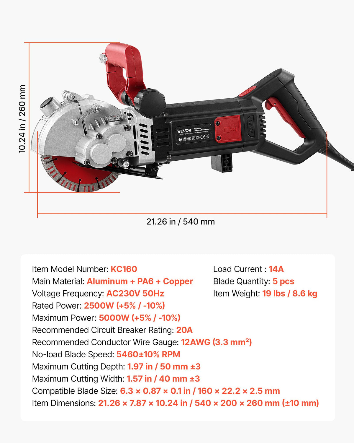 Mūro rėžtuvas VEVOR KC160, 5000 W