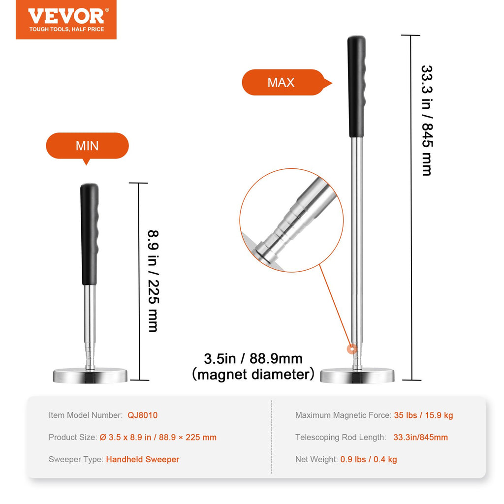 Teleskopinis magnetinis surinkėjas VEVOR QJ8010, 15,9 kg keliamoji galia