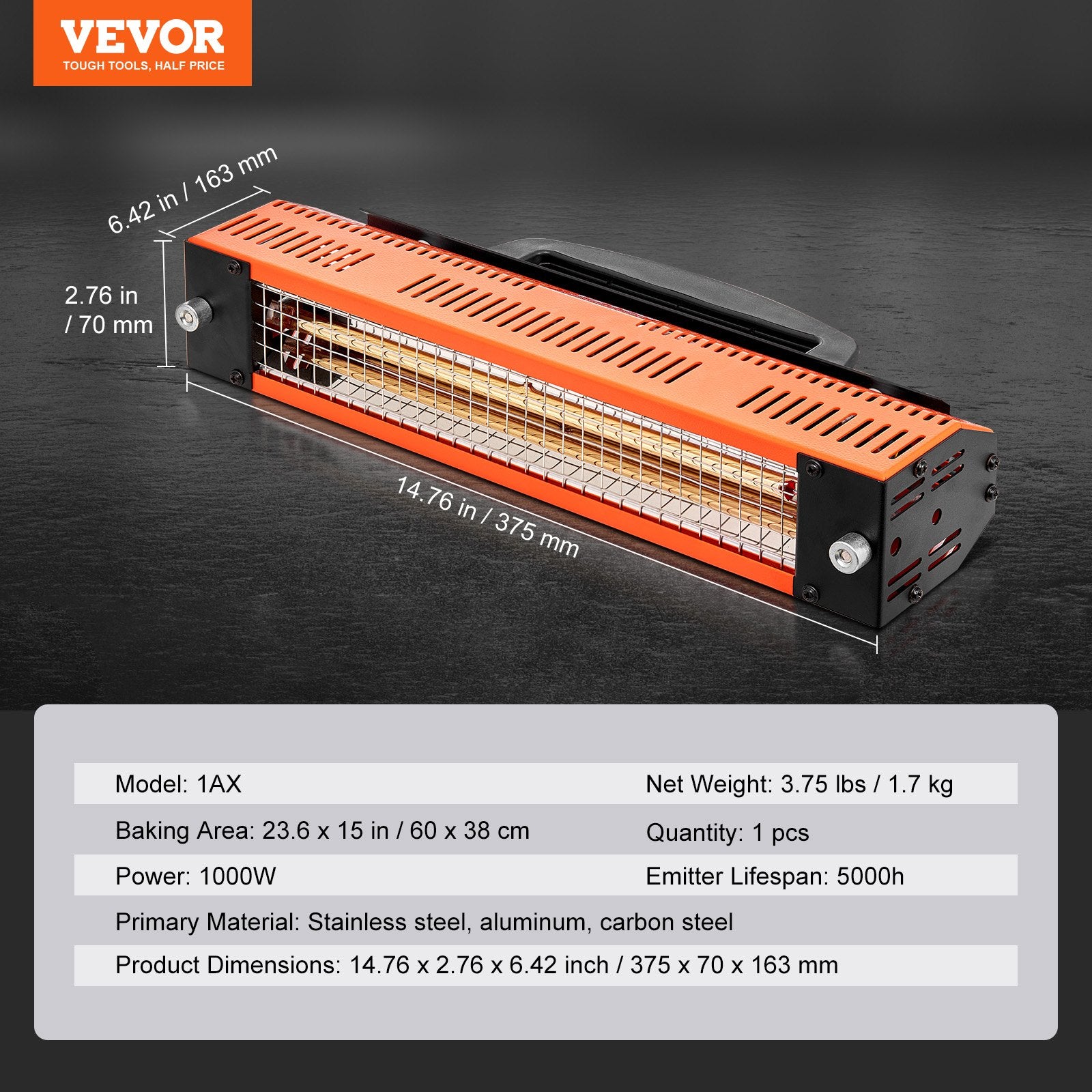 Infraraudonųjų spindulių džiovinimo lempa VEVOR 1AX, 1000 W