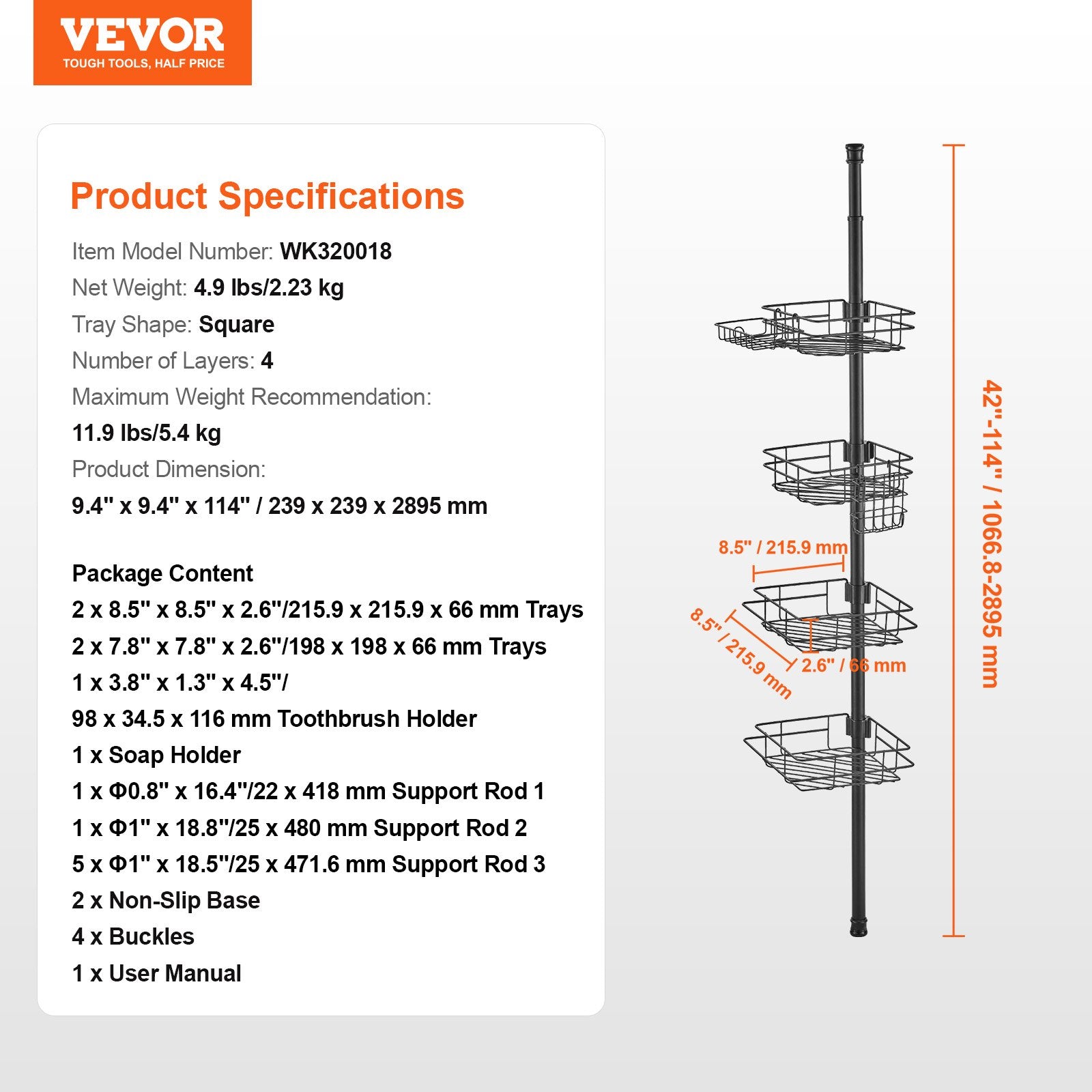 Teleskopinė dušo lentyna VEVOR WK320018, 107–290 cm