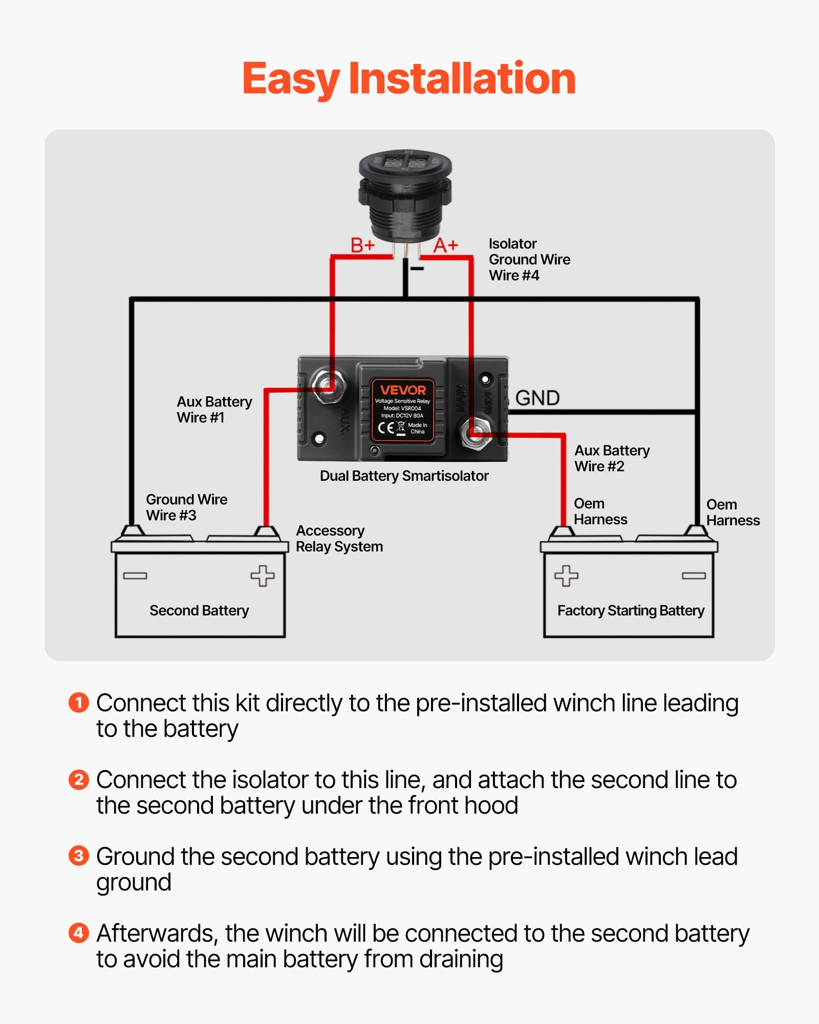 Dviejų akumuliatorių izoliatoriaus rinkinys VEVOR VSR004, 12V 80A
