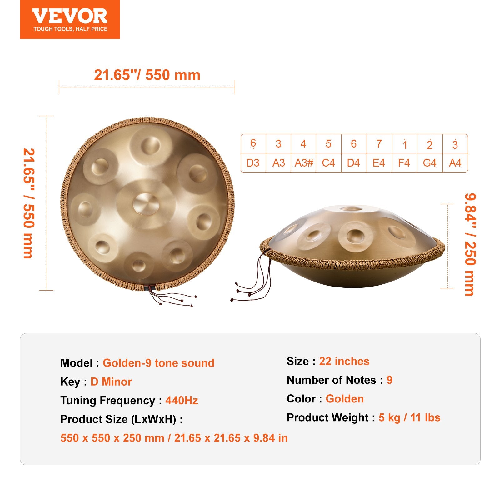 Handpan būgnas VEVOR Golden-9, 9 natos (D Minor)