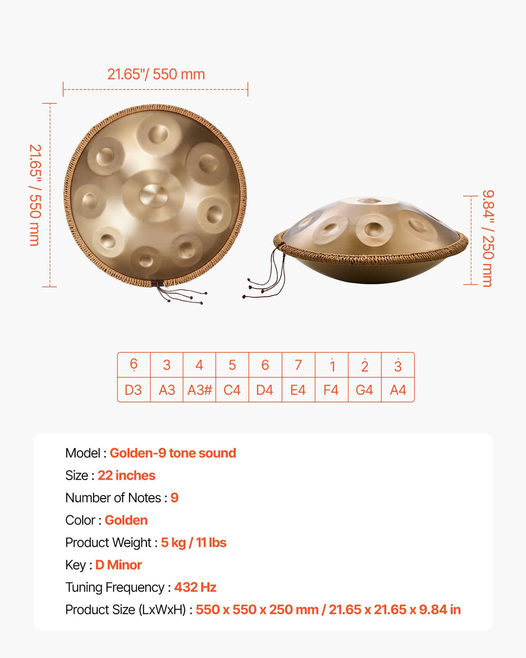 Handpan būgnas VEVOR Golden-9, 56 cm