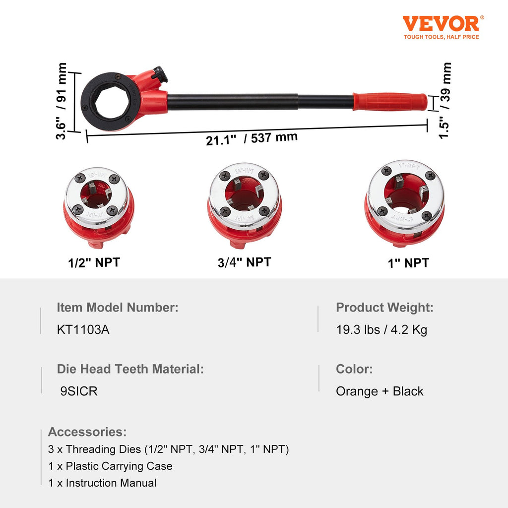 Rankinis vamzdžių sriegiklis VEVOR KT1103A, 1/2"–1" NPT