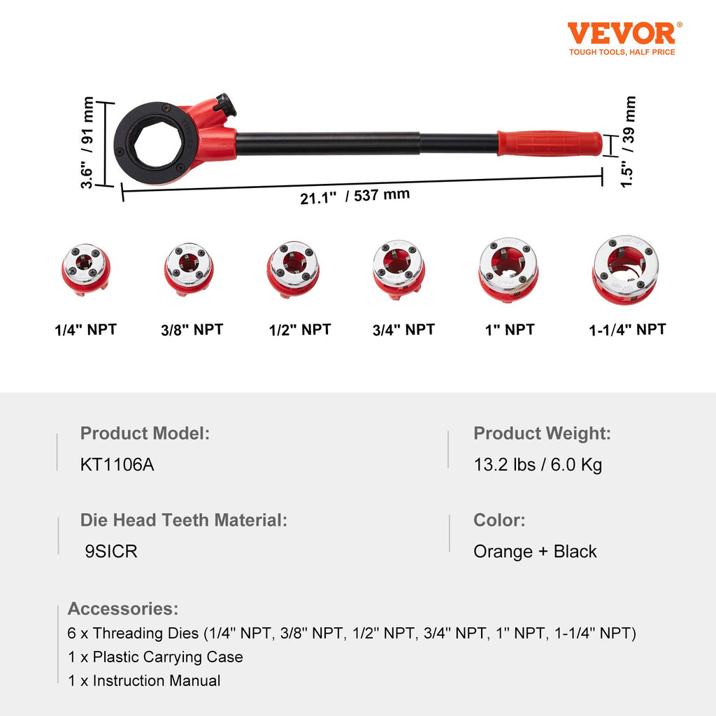 Rankinis vamzdžių sriegpjovių rinkinys VEVOR KT1106A, 1/4" - 1 1/4" NPT