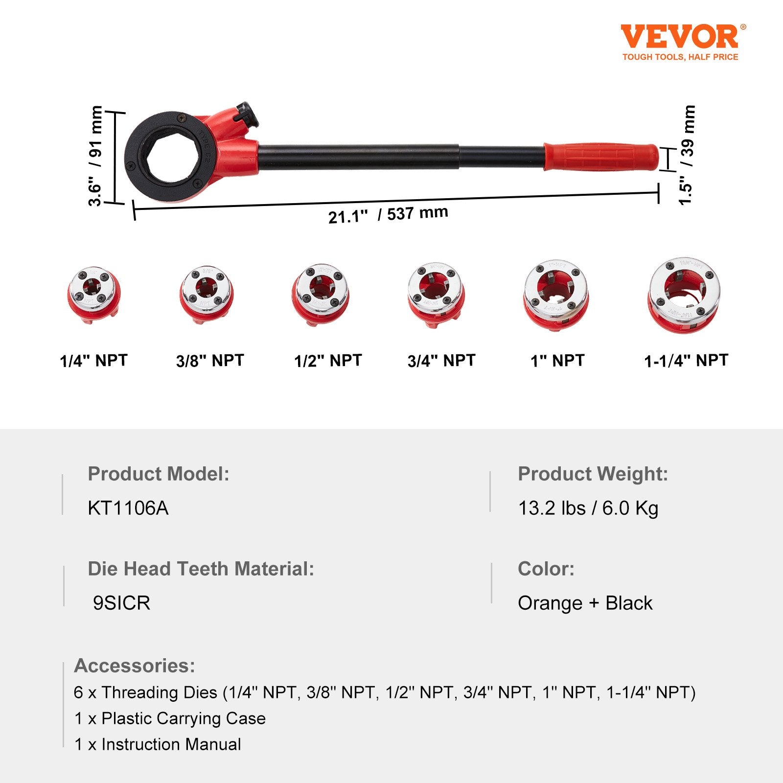 Rankinis vamzdžių sriegpjovių rinkinys VEVOR KT1106A, 1/4" - 1 1/4" NPT