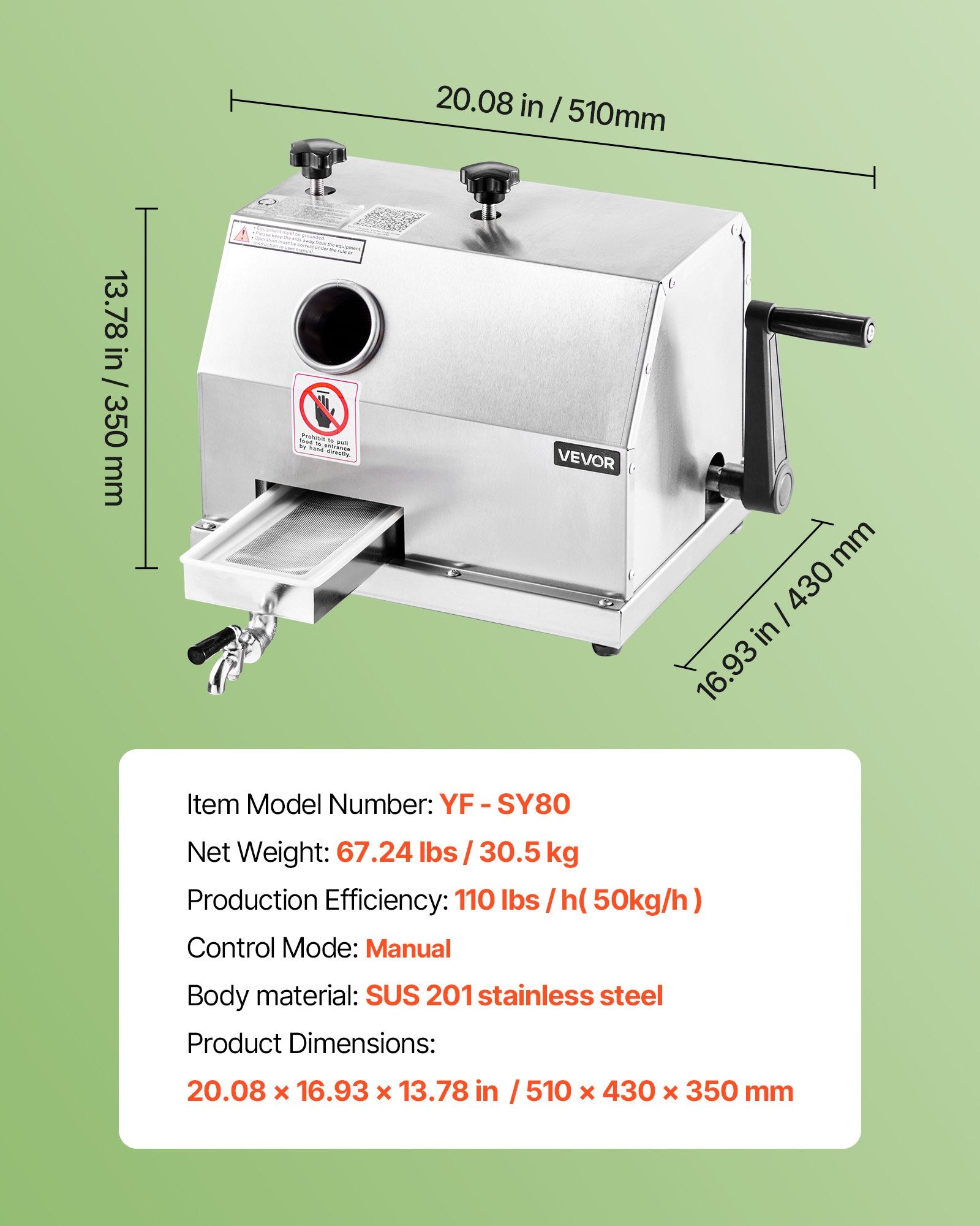 Cukranendrių sulčiaspaudė VEVOR YF-SY80, 50 kg/val.