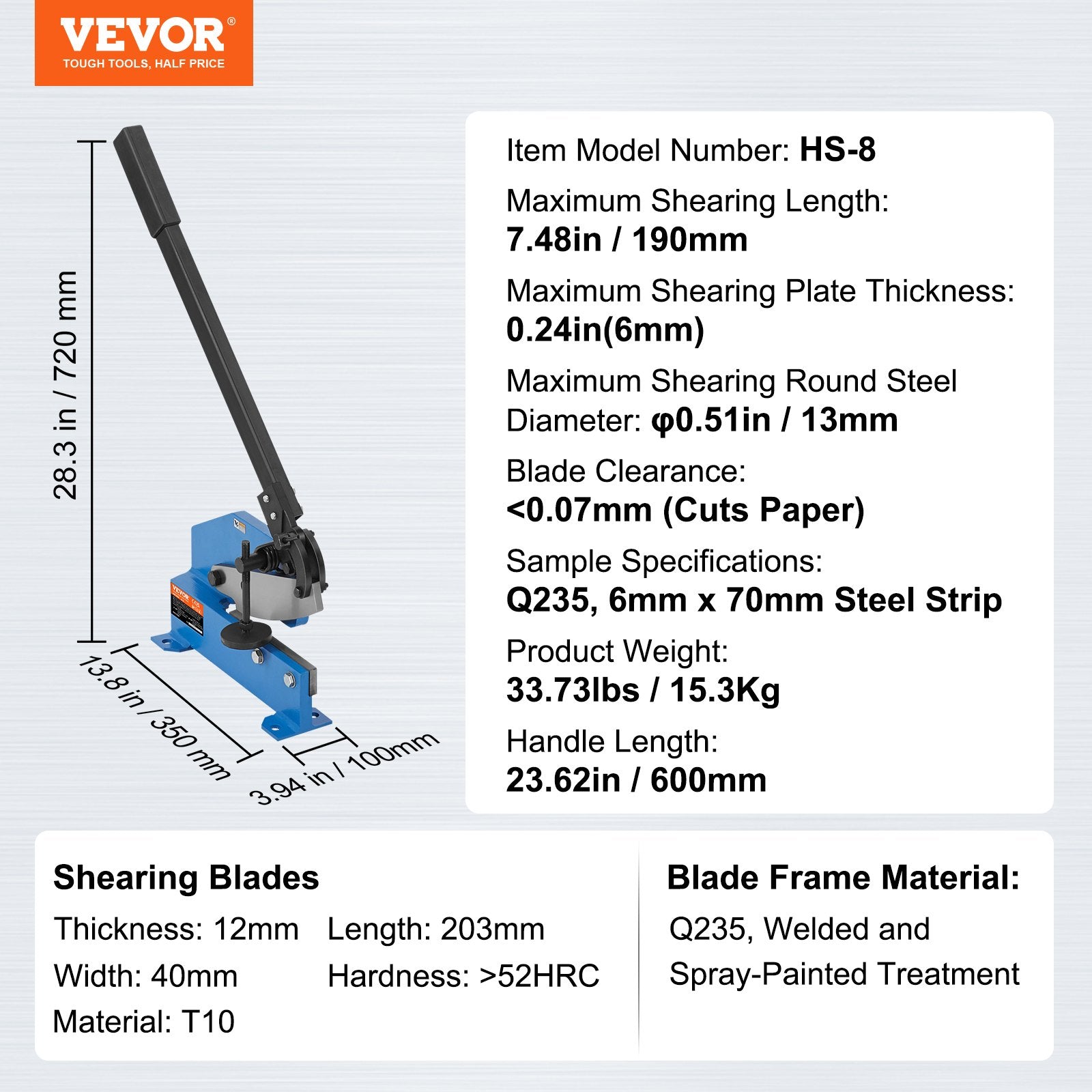 Rankinės lakštinio metalo žirklės VEVOR HS-8, 190 mm pjovimo ilgis