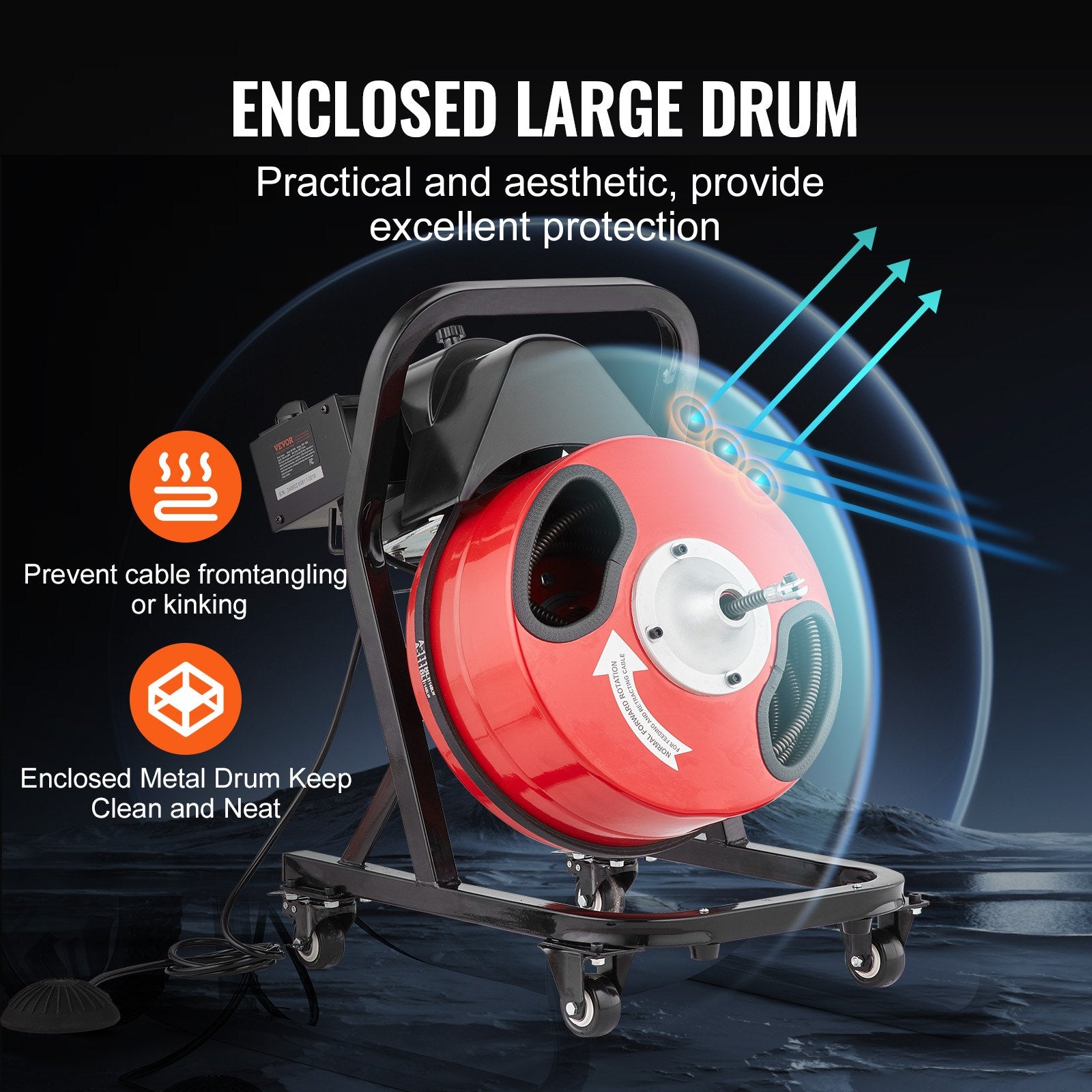 Vamzdžių valymo mašina VEVOR D1000, 15,2 m trosas