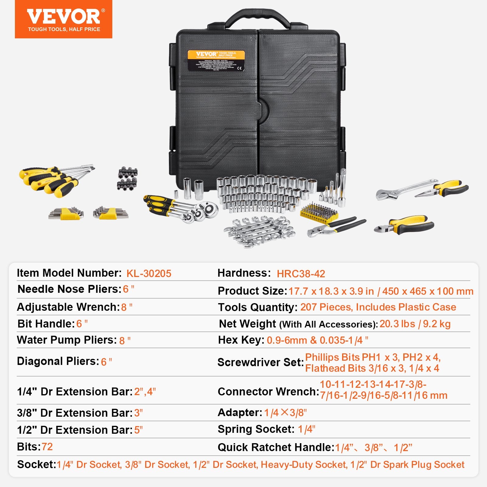Įrankių rinkinys mechanikams VEVOR KL-30205, 207 dalių
