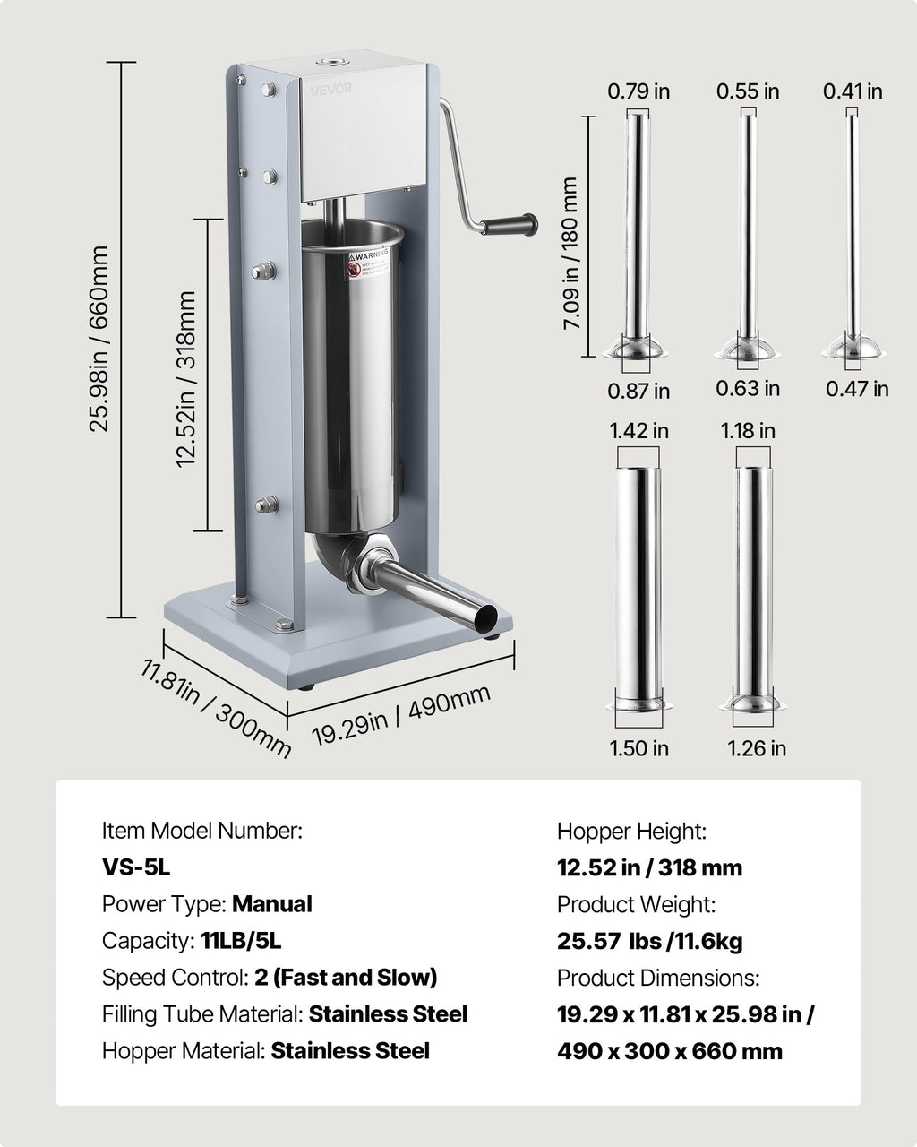 Rankinis dešrų kimštuvas VEVOR VS-5L, 5 l talpos