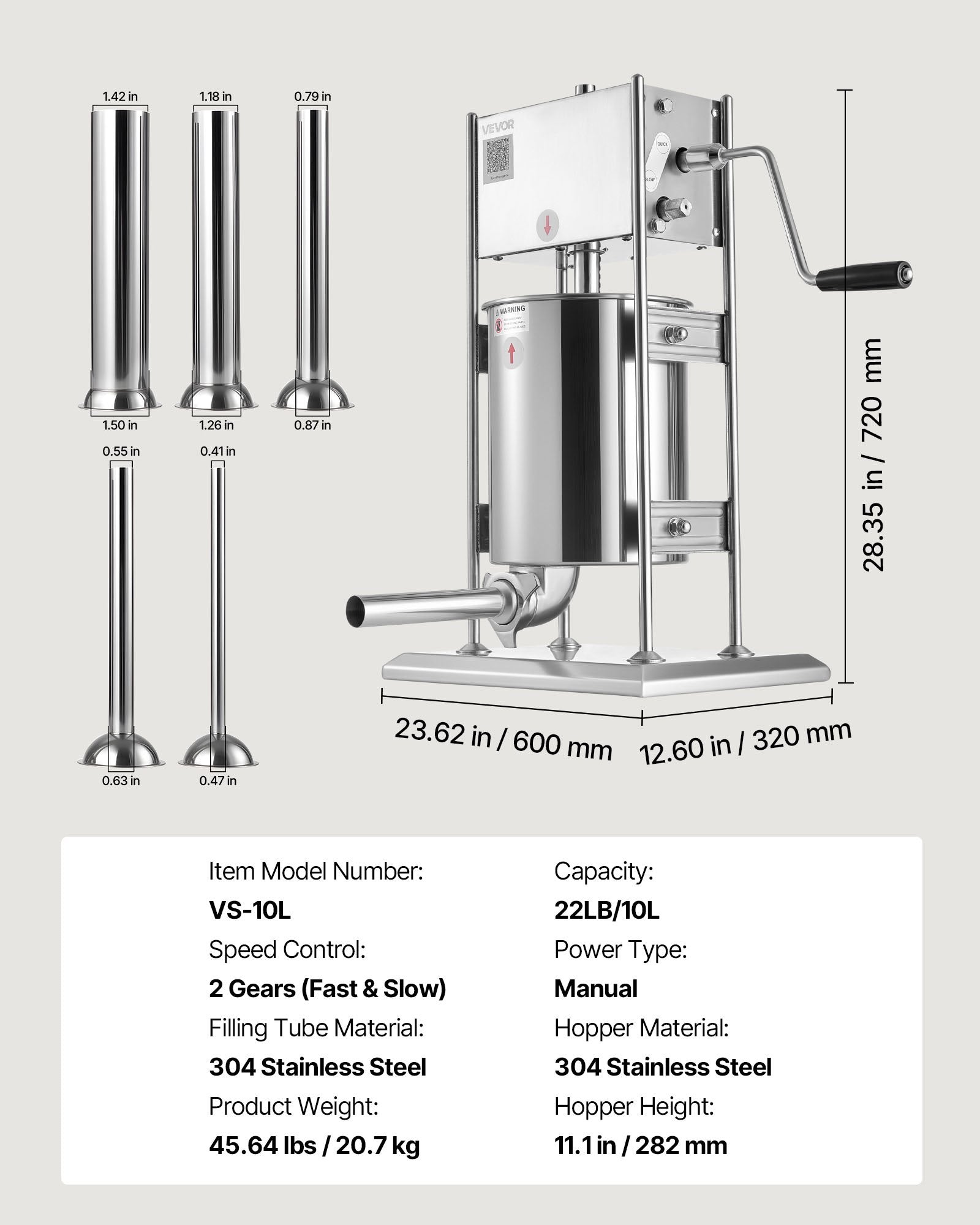 Rankinis dešrų kimštuvas VEVOR VS-10L, 10 l
