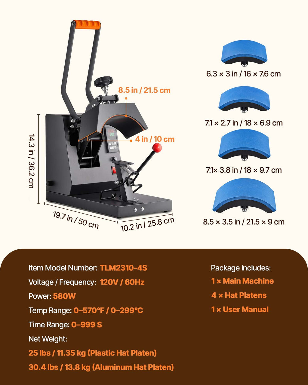 Kepurių terminis presas VEVOR TLM2310-4S, 4-in-1 komplektas