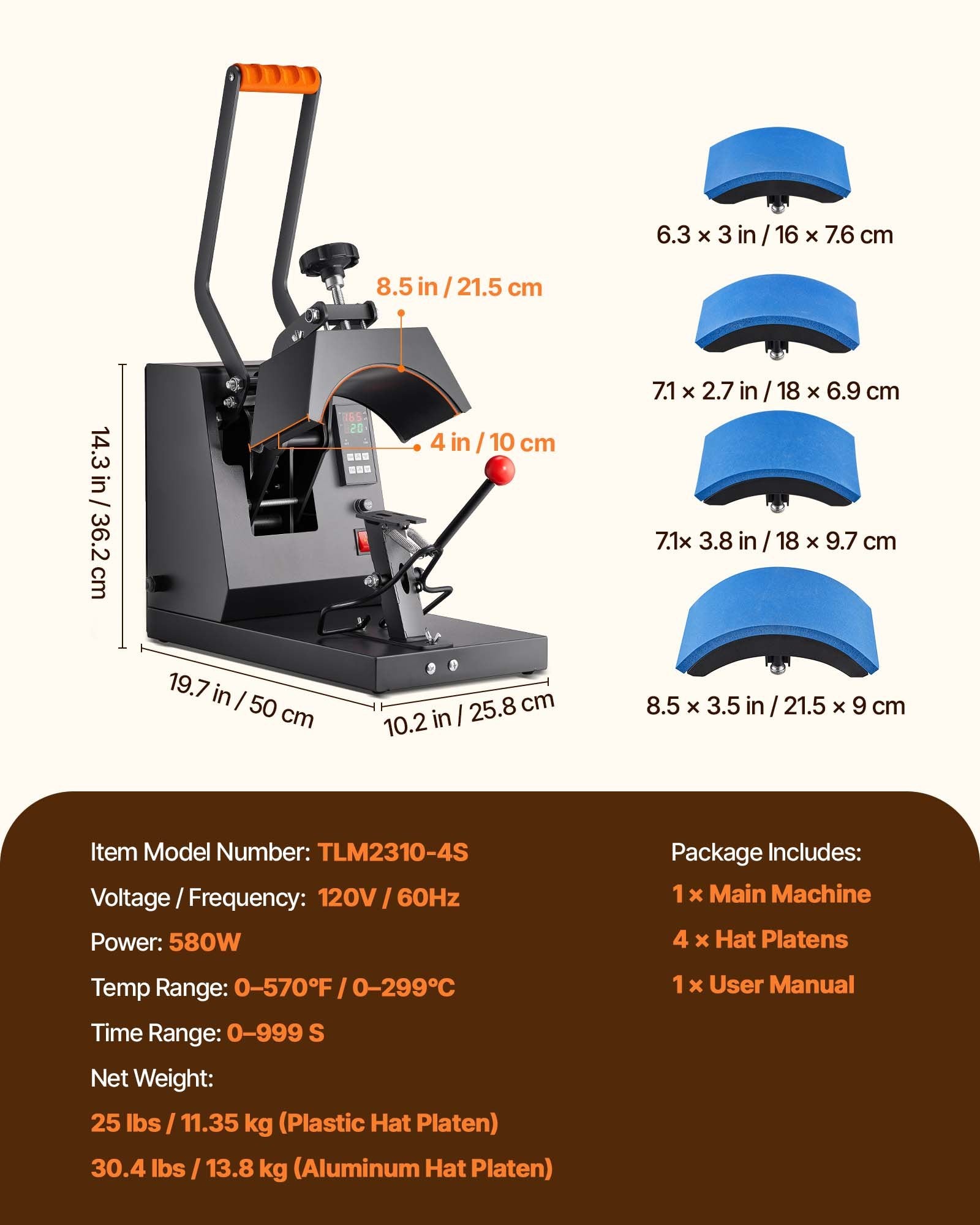 Kepurių terminis presas VEVOR TLM2310-4S, 4-in-1 komplektas