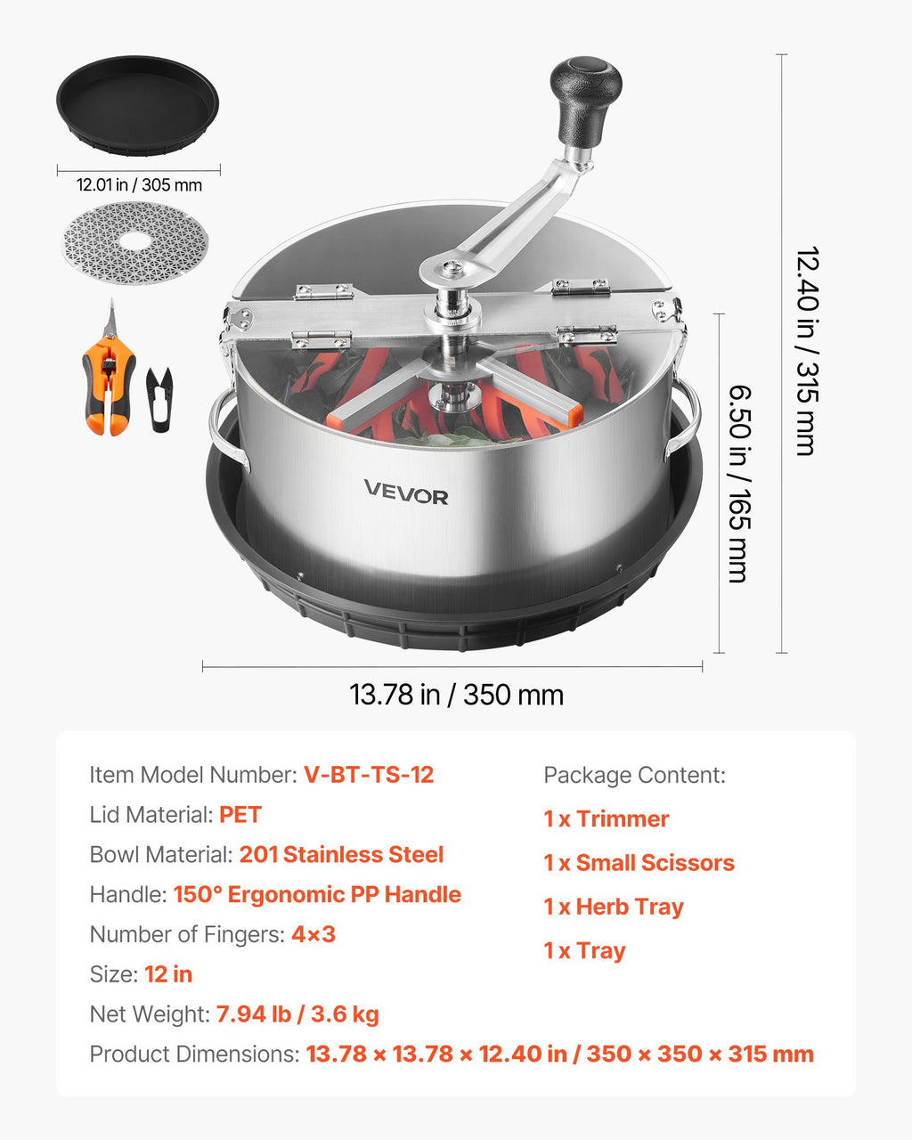 Rankinis lapų ir žiedų trimeris VEVOR V-BT-TS-12, 300 mm