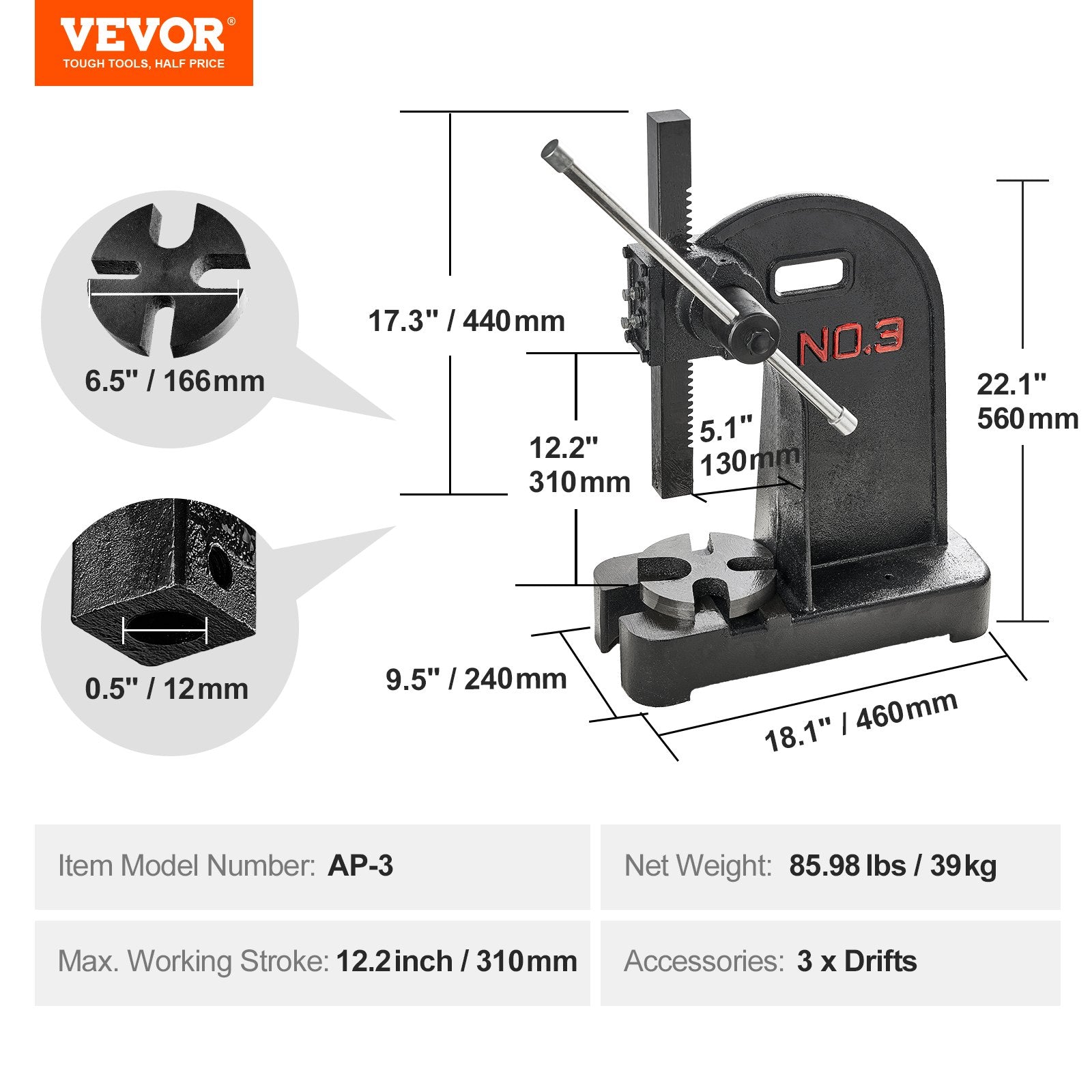 Rankinis presas VEVOR AP-3, 3 tonos