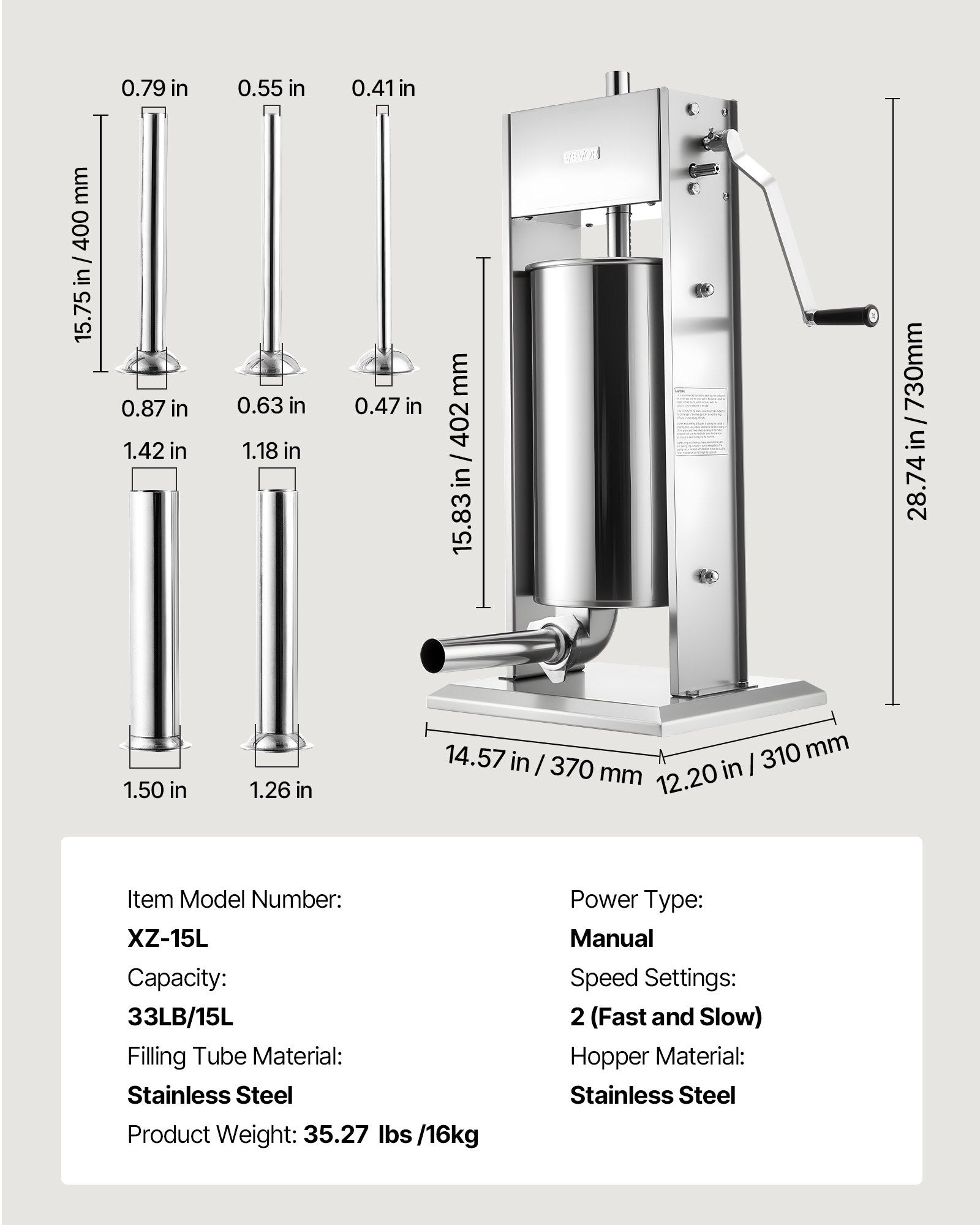 Rankinis dešrų kimštuvas VEVOR XZ-15L, 15 L