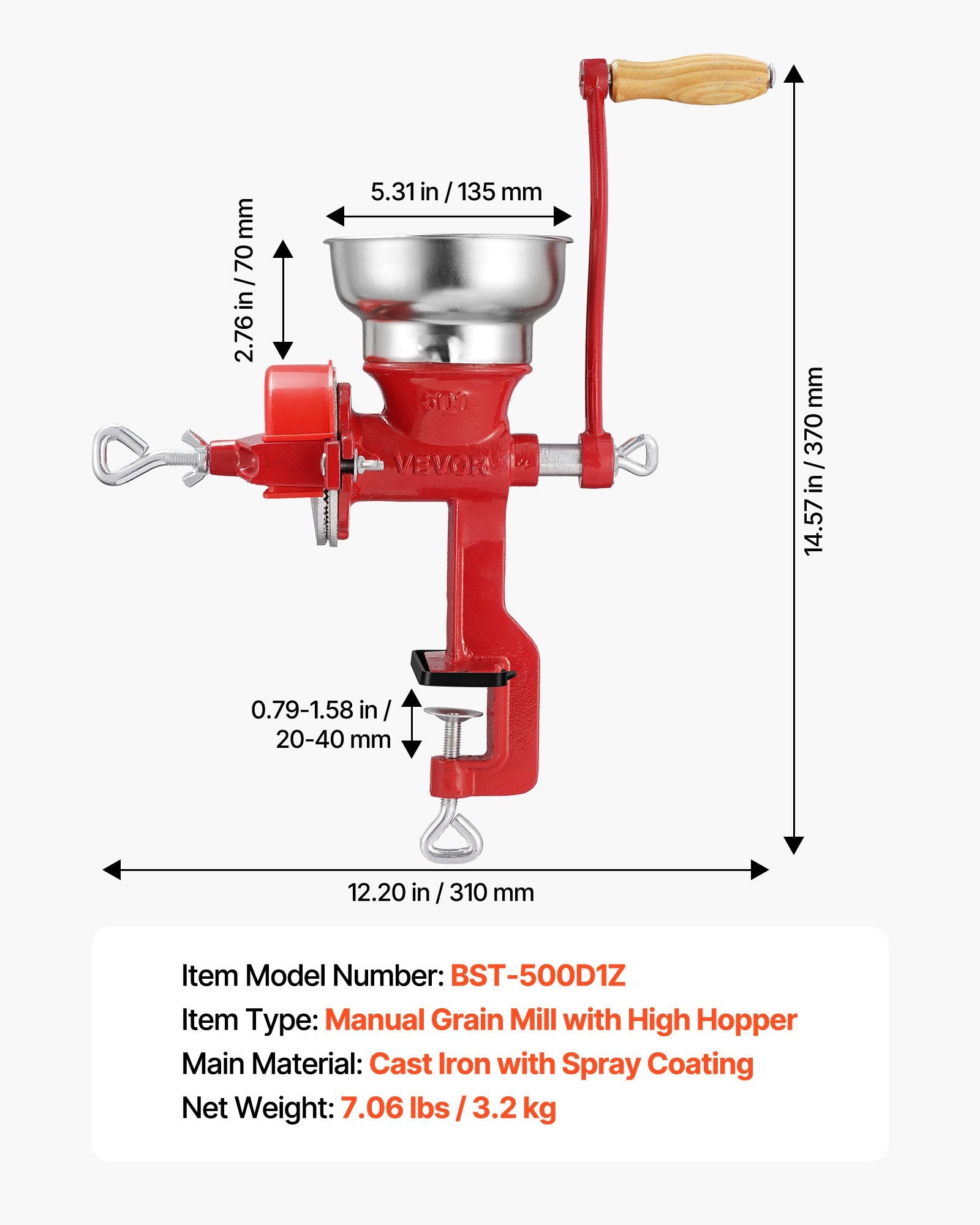Rankinis grūdų malūnas VEVOR BST-500D1Z, ketaus korpusas