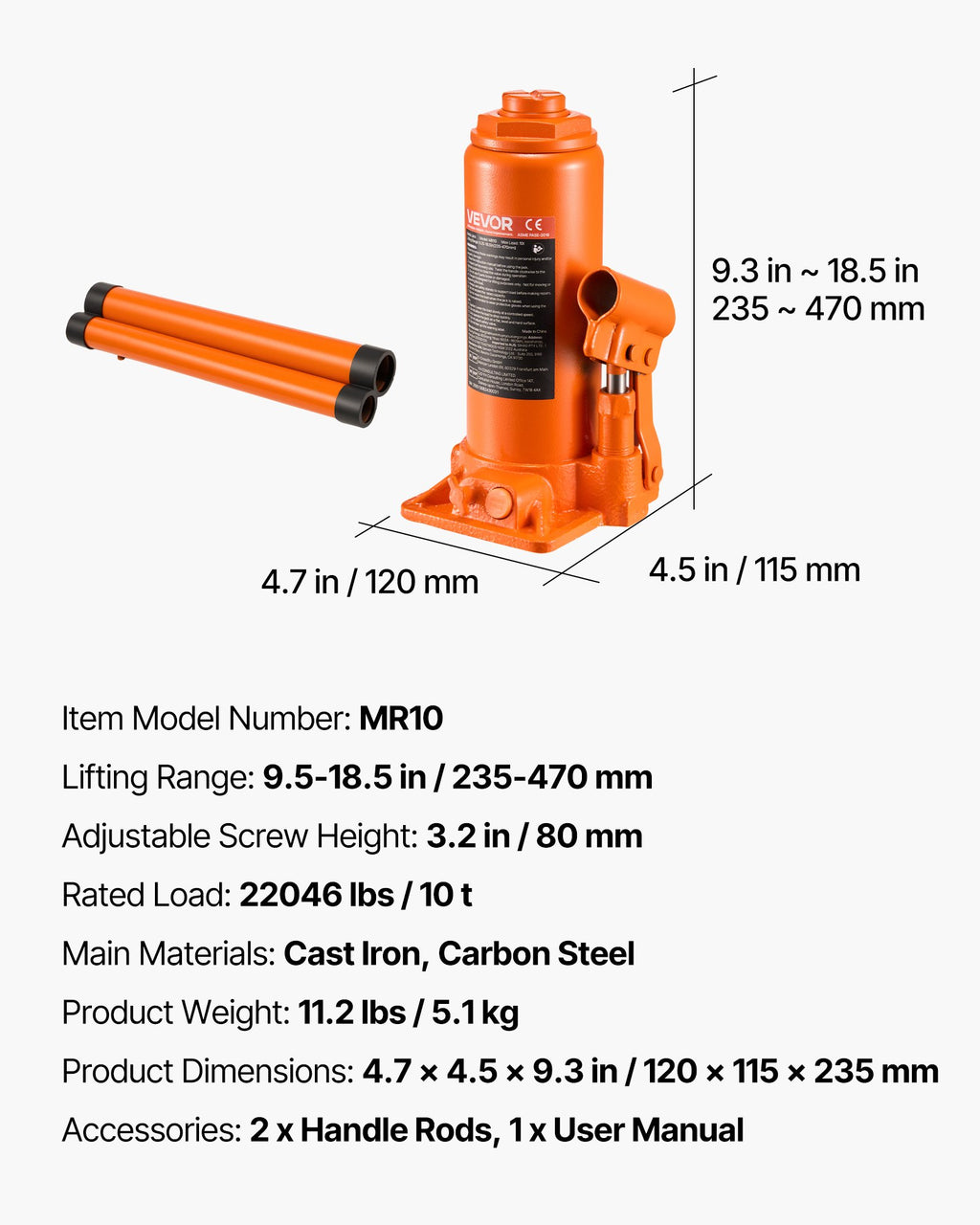 Hidraulinis stulpelinis domkratas VEVOR MR10, 10 t