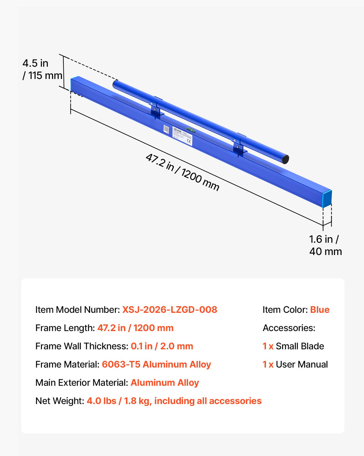 Betono lyginimo liniuotė VEVOR XSJ-2026-LZGD-008, 1200 mm