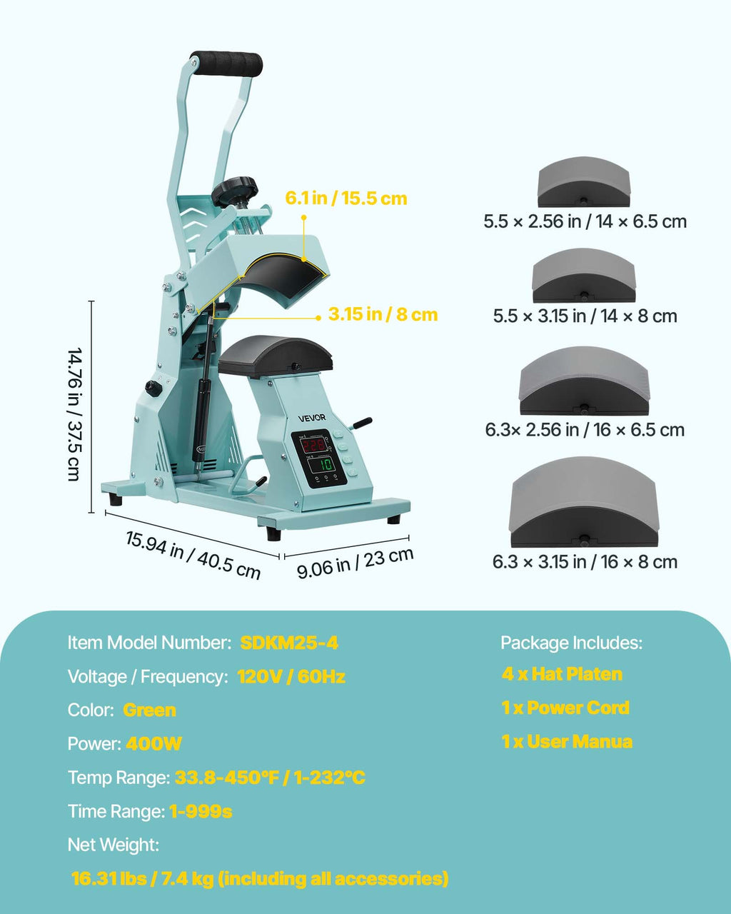 Kepurių terminis presas VEVOR SDKM25-4, 400W