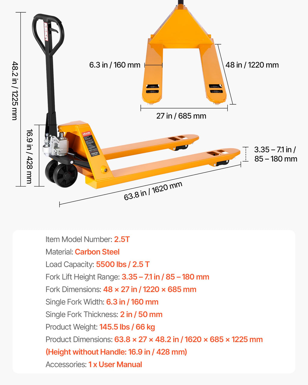 Rankinis palečių vežimėlis VEVOR 2.5T, 2,5 t keliamoji galia