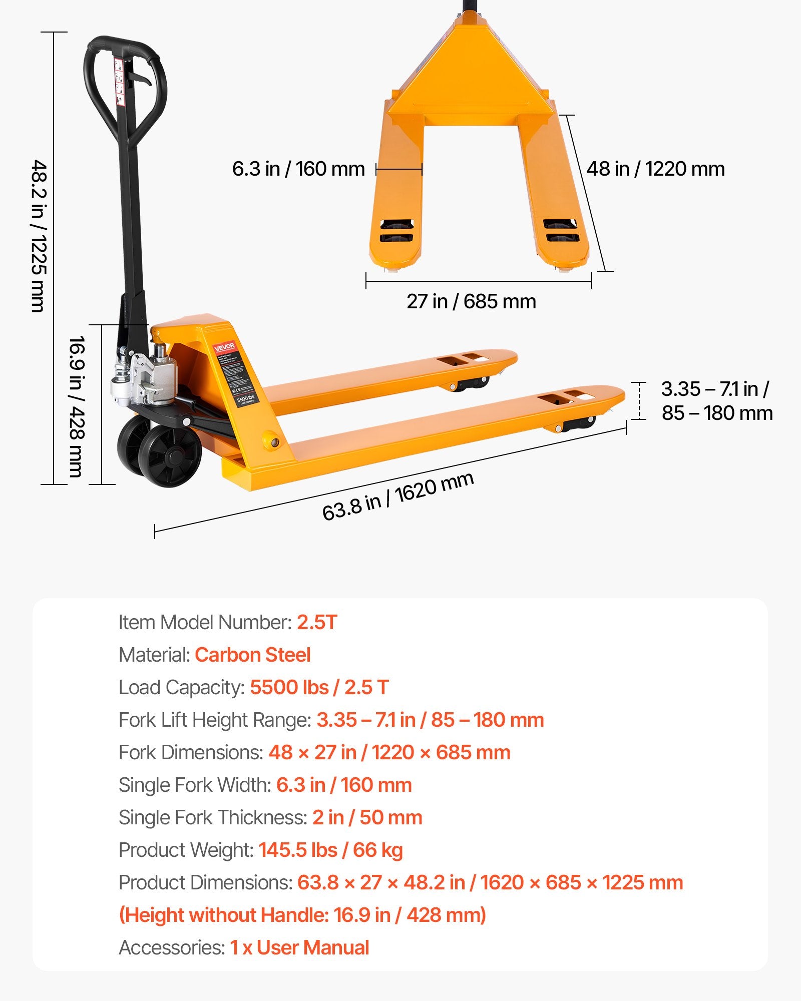 Rankinis palečių vežimėlis VEVOR 2.5T, 2,5 t keliamoji galia